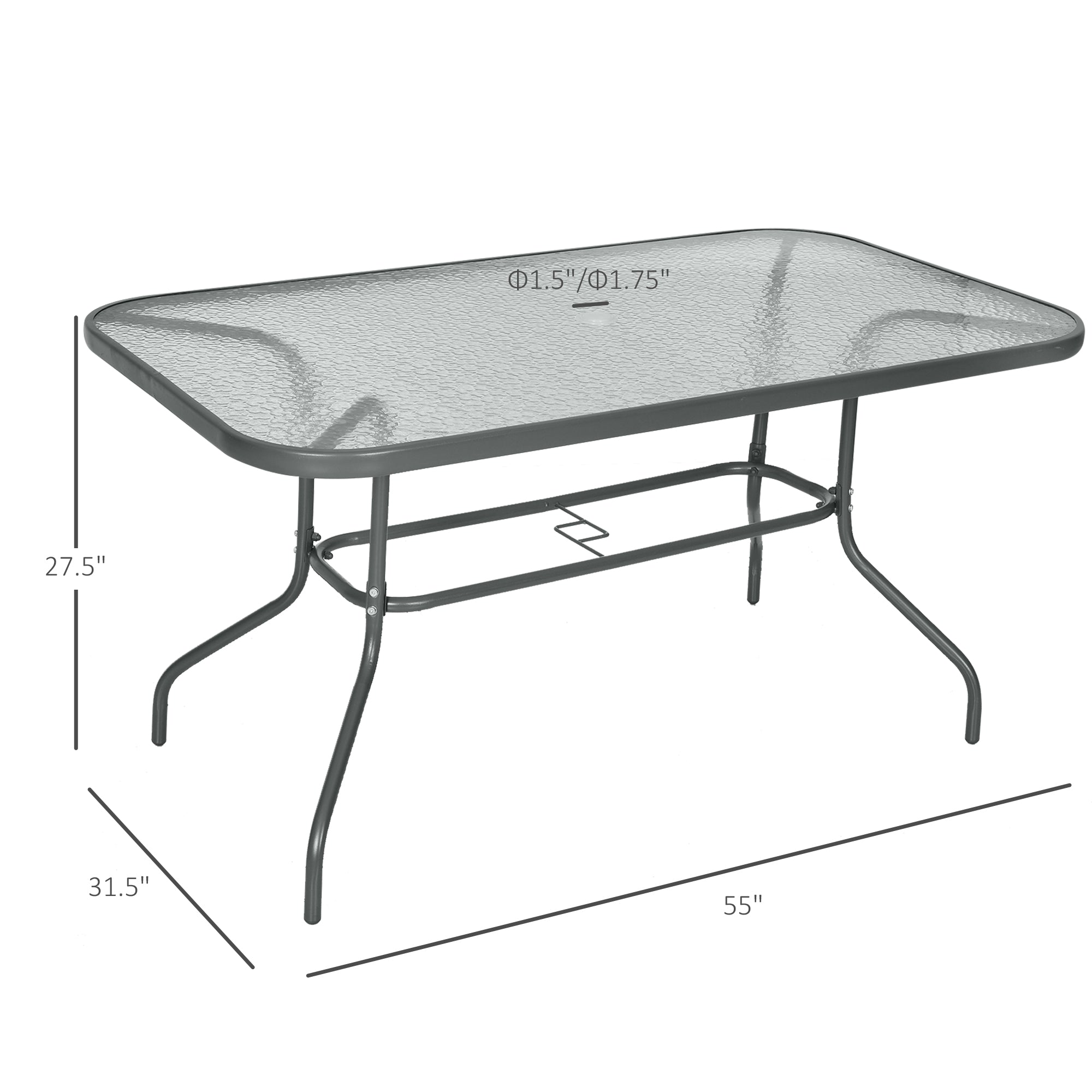 Outsunny Metal Garden Dining Tables Outdoor Patio w/ Tempered Glass Top, Umbrella Hole, 55" x 31.5"