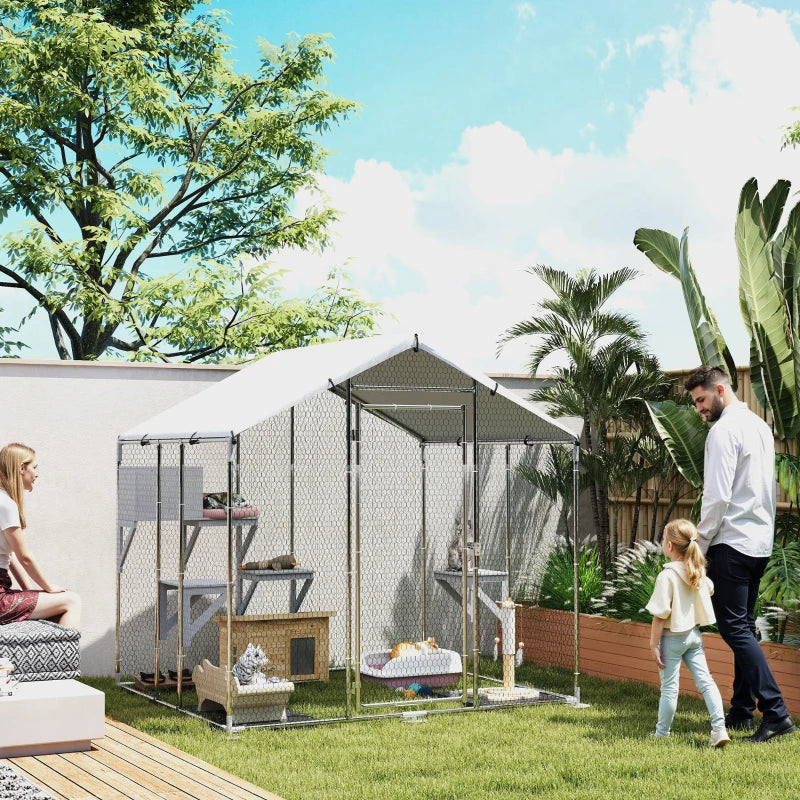 79" Extra Large Metal Outdoor Catio with Waterproof Cover, Resting Box, 4 Platforms, for Multiple Rabbits, Chicken