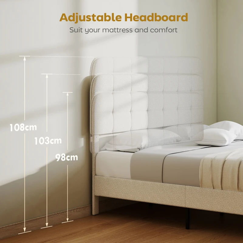 King Size Bed Frame with Adjustable Headboard Upholstered Platform Bed Frame with Wood Slat Support Noise Free White