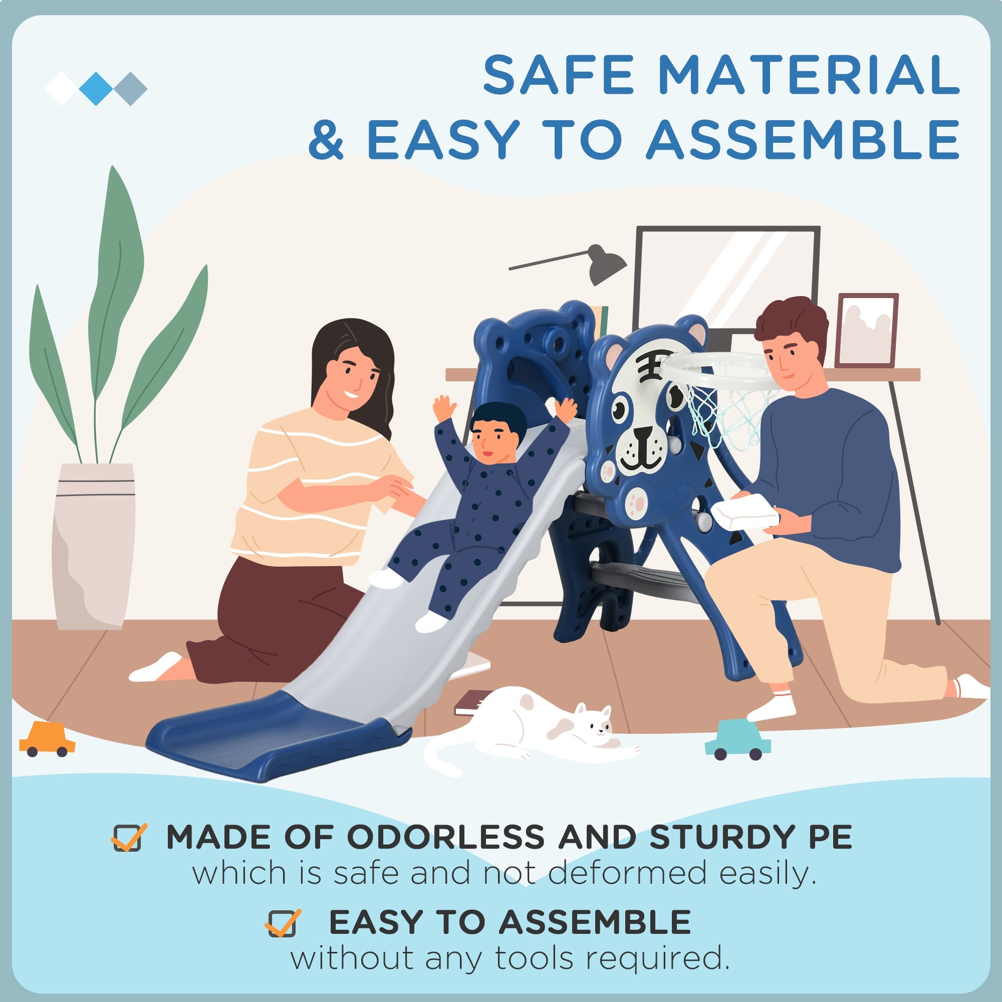 Qaba Kids Slide with Basketball Hoop Indoor Baby Slide Easy Setup for Toddlers 18-36 Months Blue