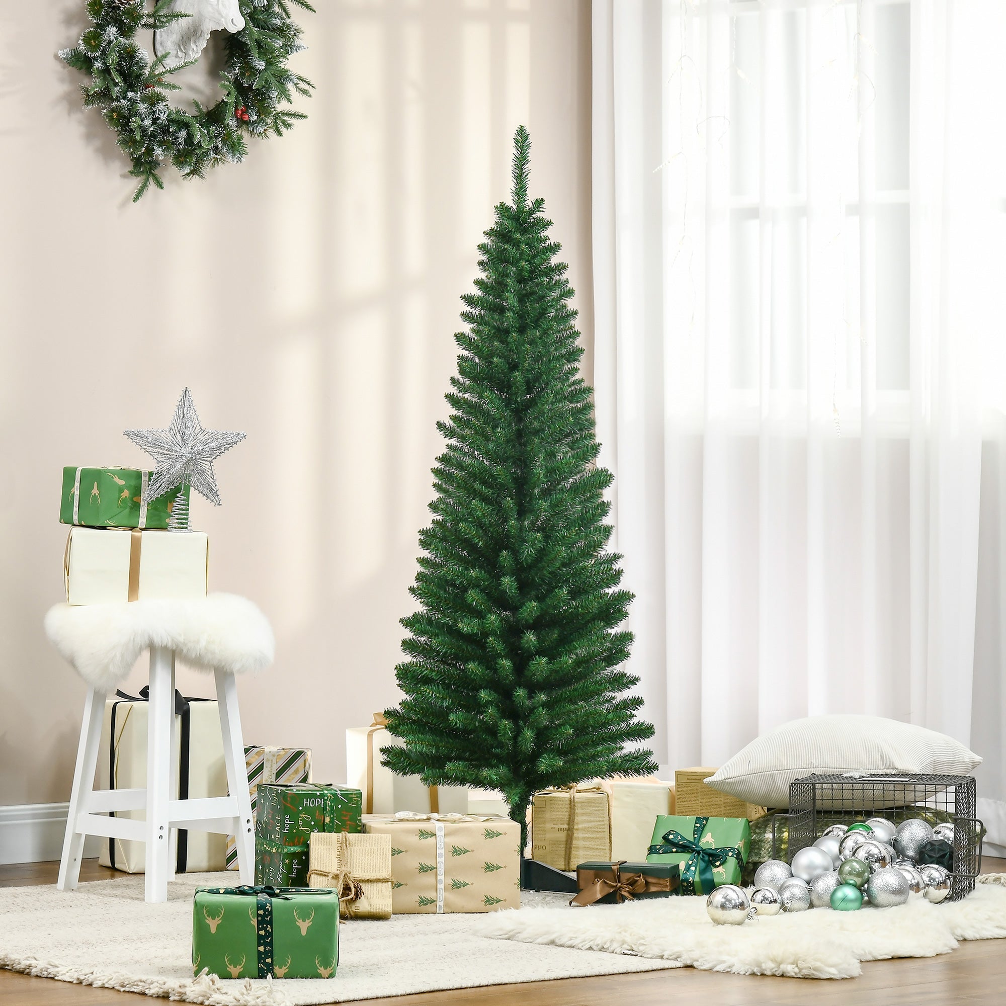 HOMCOM 5FT Artificial Christmas Tree, Pencil Christmas Tree with Realistic Branches, Stable Stand, Green