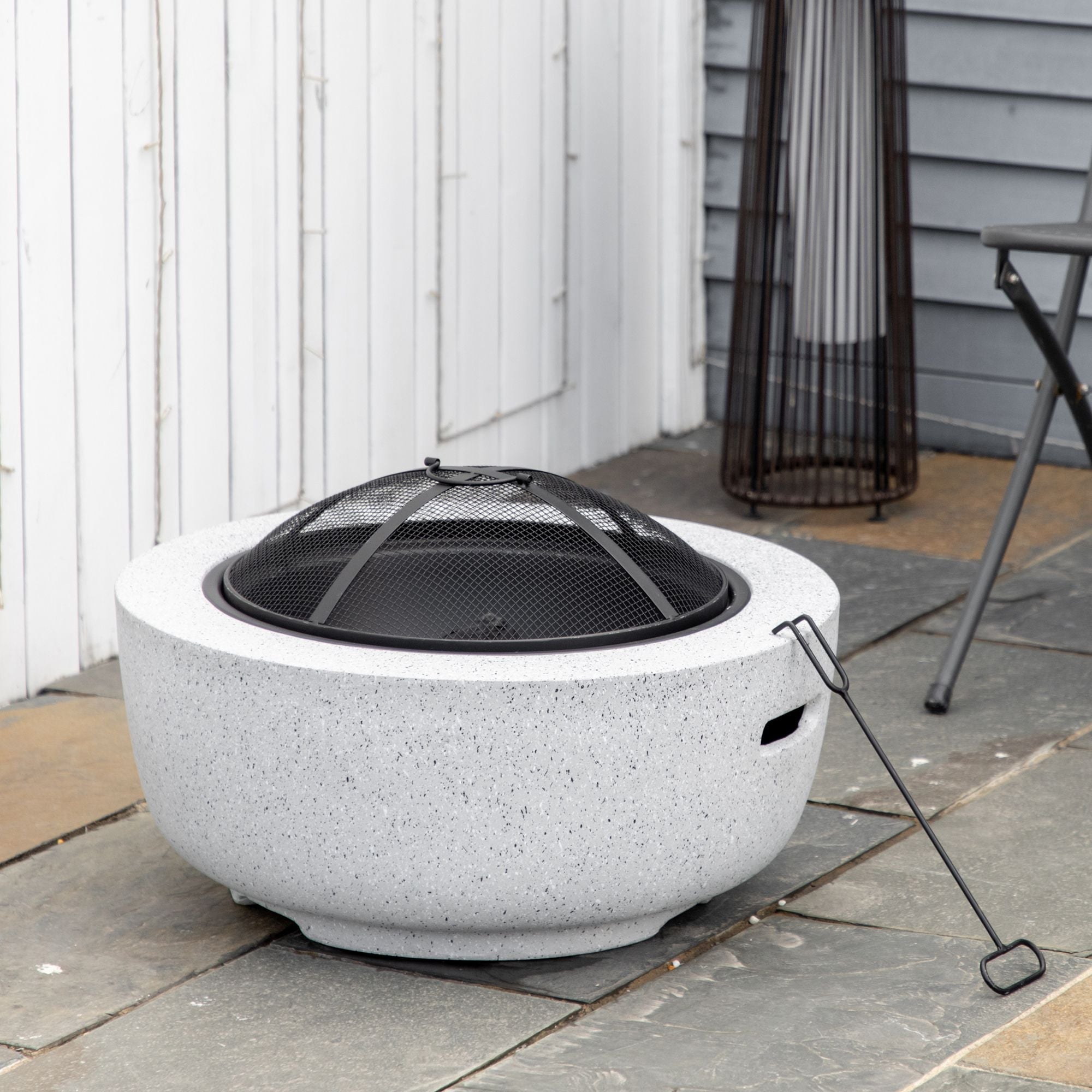 Outsunny 24" Outdoor Fire Pit with Stone Effect, Wood-burning Firepit Fireplace with Spark Screen and Poker for Backyard, Grey