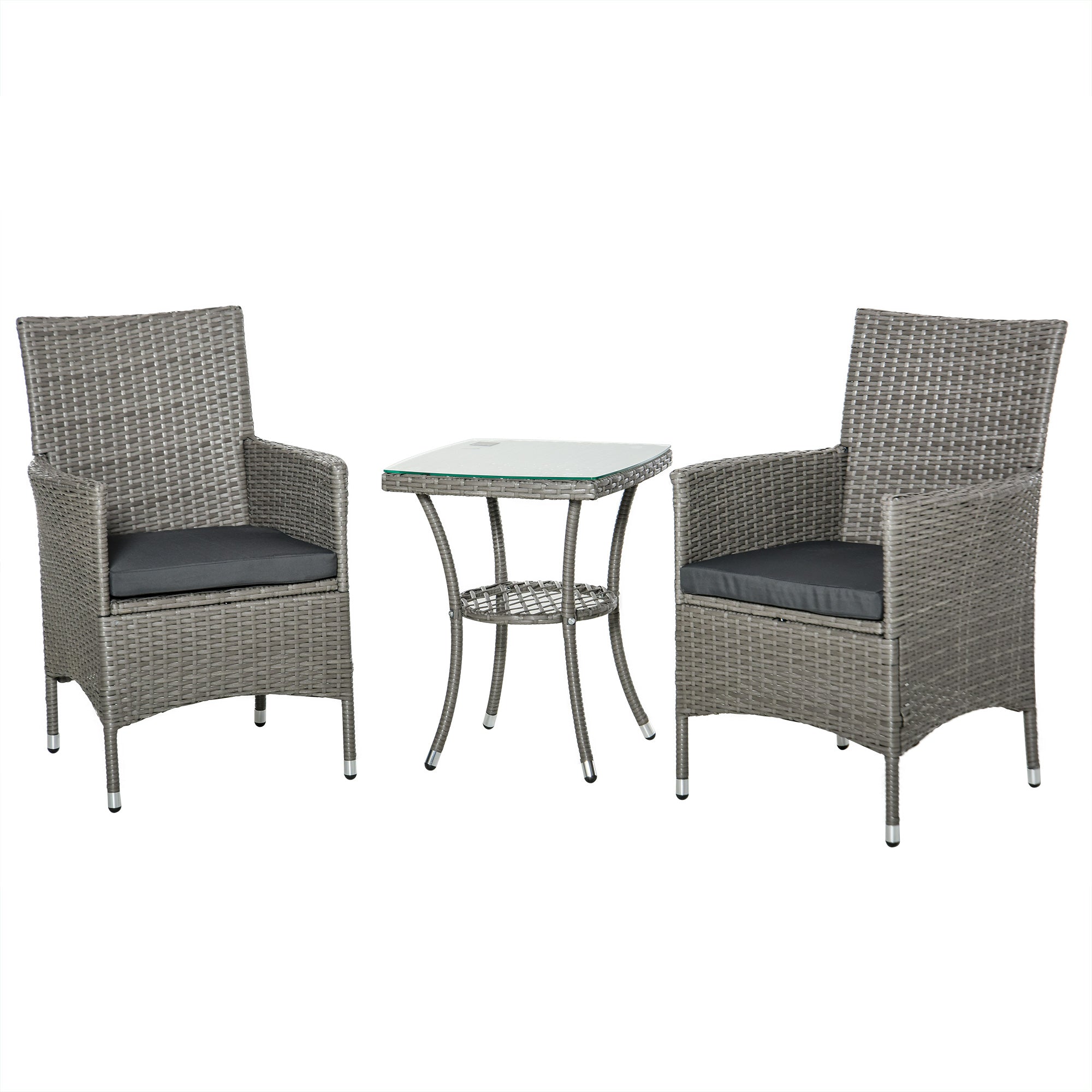 Outsunny 3PC Rattan Patio Bistro Set - Outdoor Furniture with Armchairs, Glass Coffee Table, Grey