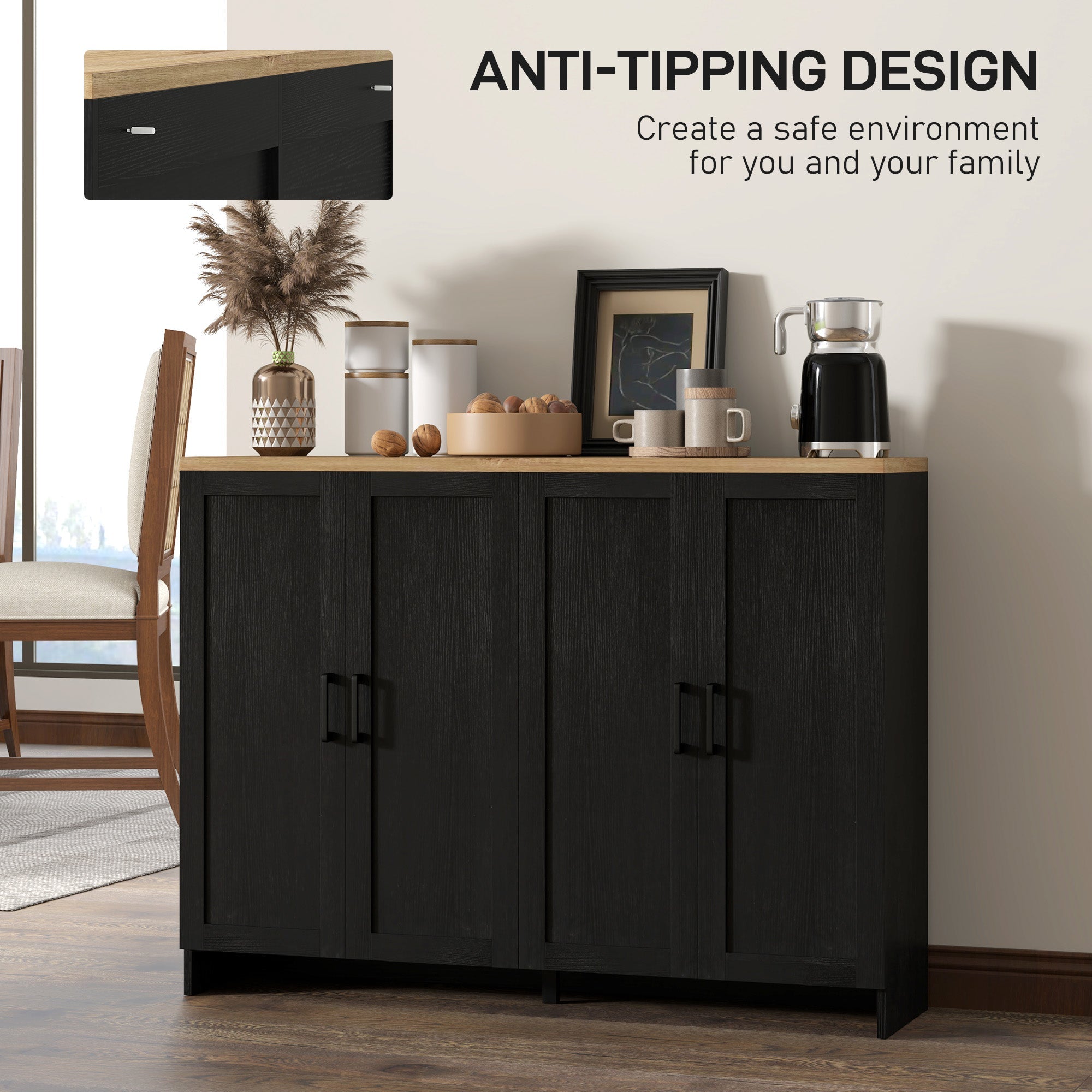 HOMCOM Modern Sideboard Buffet Cabinet, Modern Kitchen Storage Cabinet with 4 Doors Adjustable Shelves, for Dining Room, Black