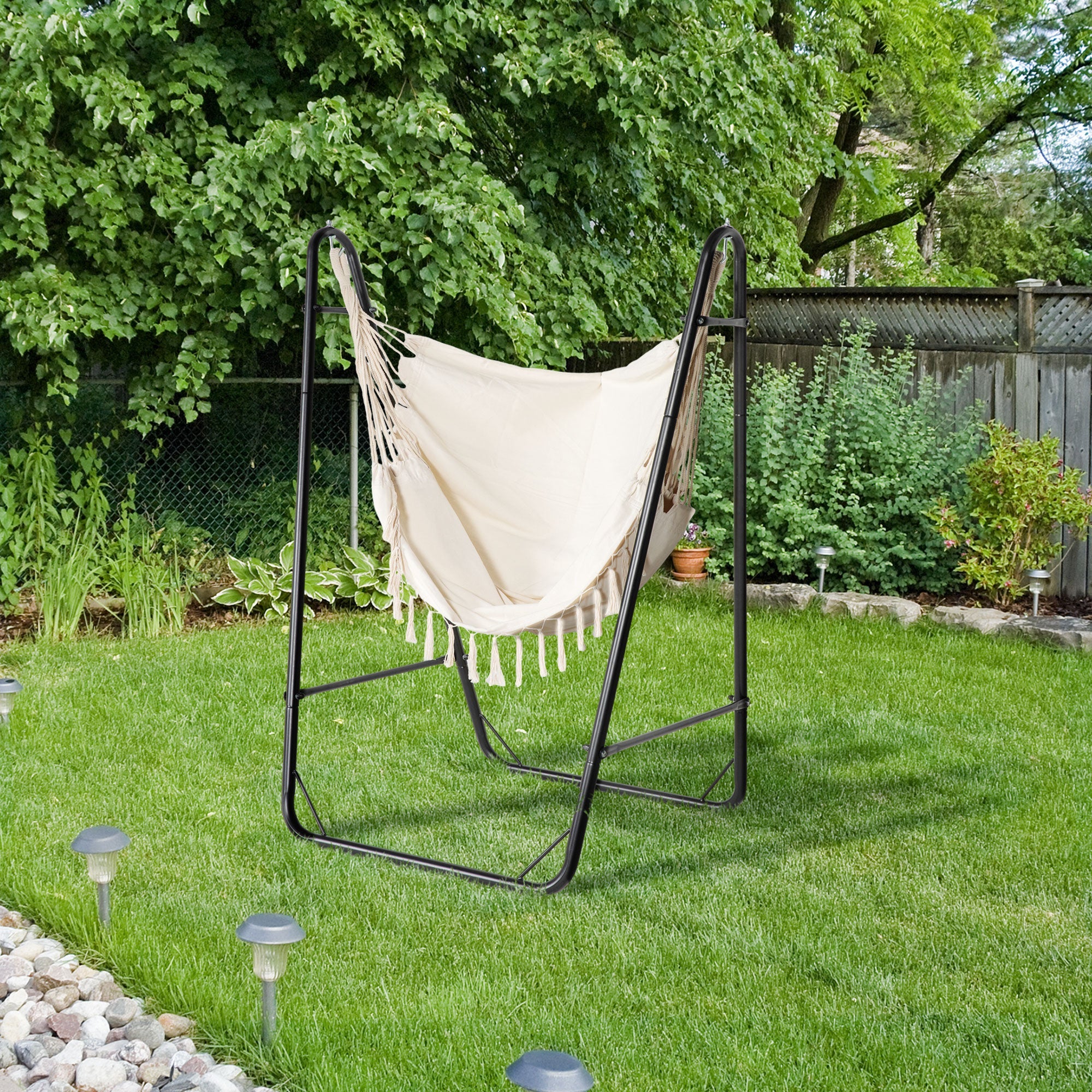 Outsunny Hammock Chair with U Shape Stand, Hammock Swing Chair with A Side Pocket, Cream White