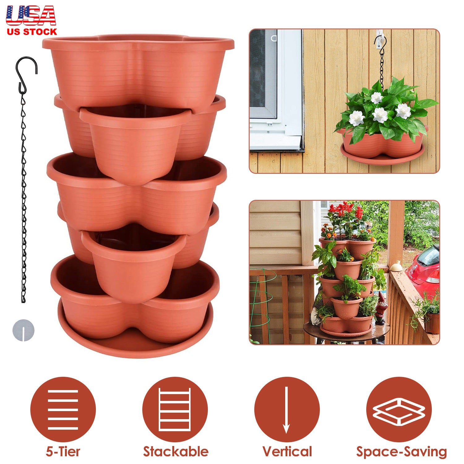 5 Tier Vertical Stackable Planter Garden Tower Stackable Planter Outdoor Gardening Pots for Strawberries Flowers Herbs Vegetables