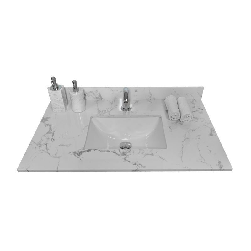 Montary 37" Carrara White Marble-Design Bathroom Vanity Top with REC Undermount Ceramic Sink & Single Faucet Hole - Engineered Stone Countertop, Pre-Sealed, Easy DIY Installation, Fits 30-Inch Cabinets, Bathroom Decor And Acc