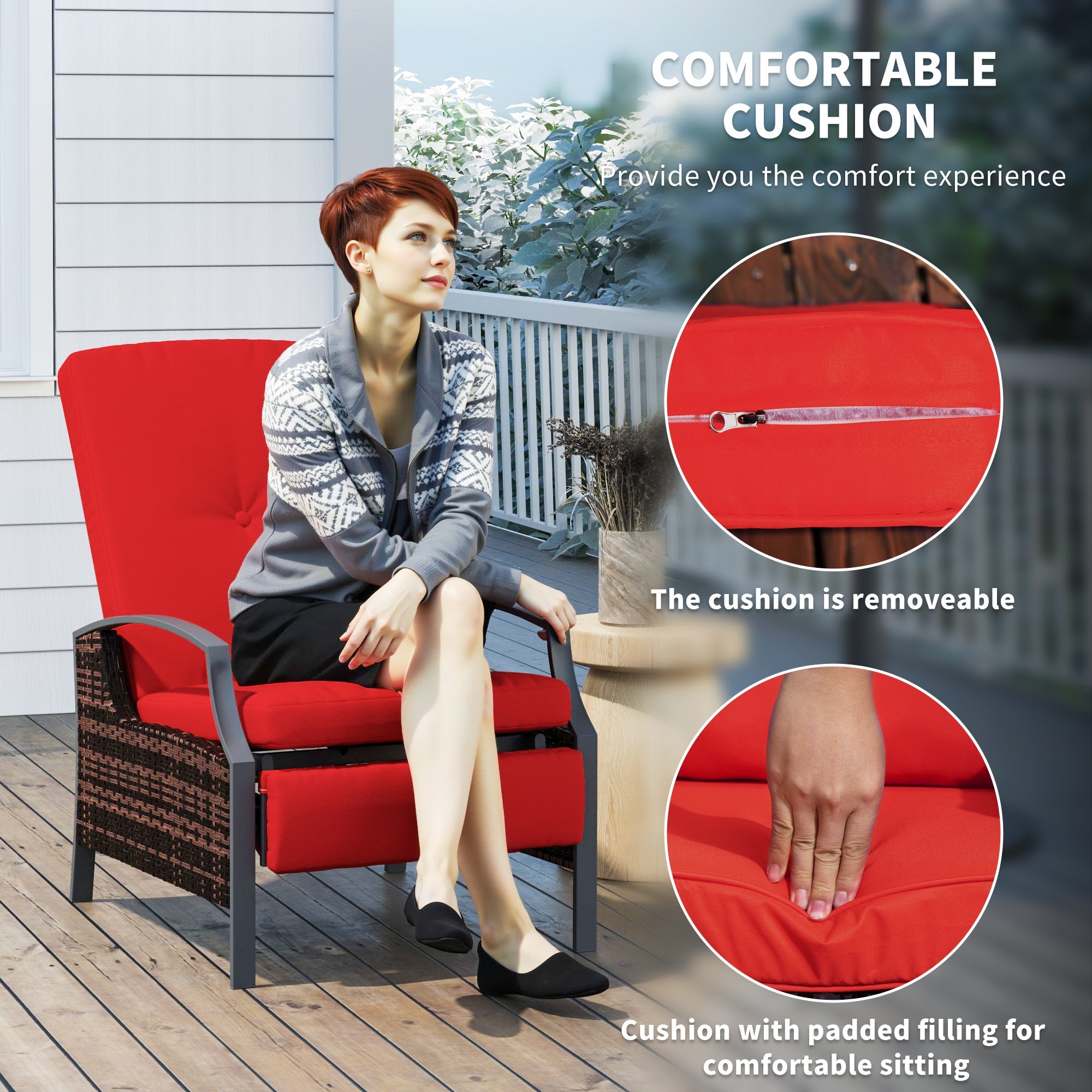 Outsunny Outdoor Rattan Recliner Chair, Wicker Reclining Chair with Adjustable Back Retractable Footrest Cushion Wine Red