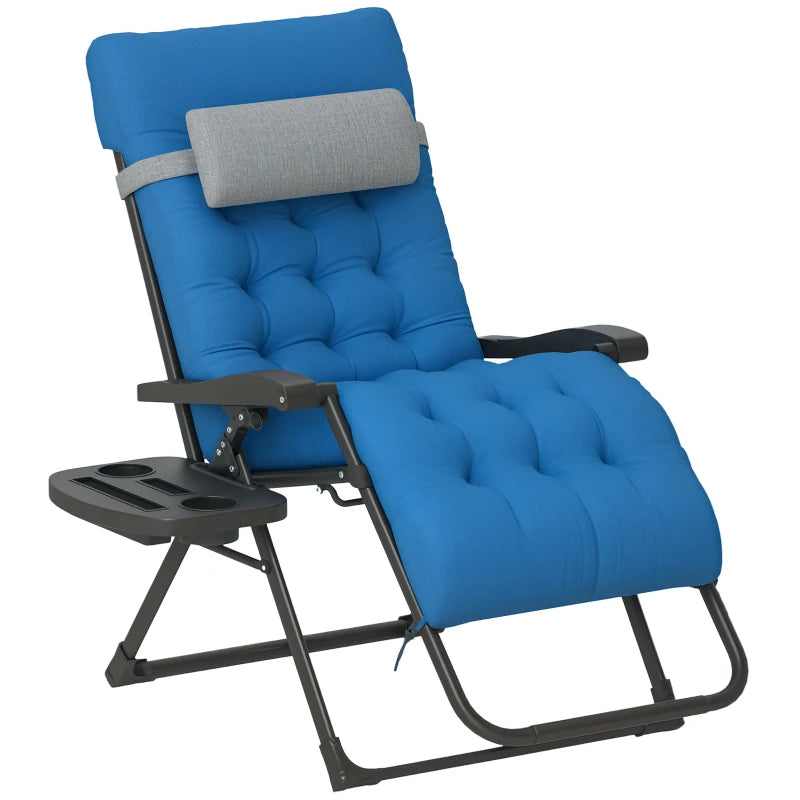 Padded Folding Recliner Chair, Patio Lounger with Cupholder, Adjustable Backrest, Removable Cushion, Navy Blue