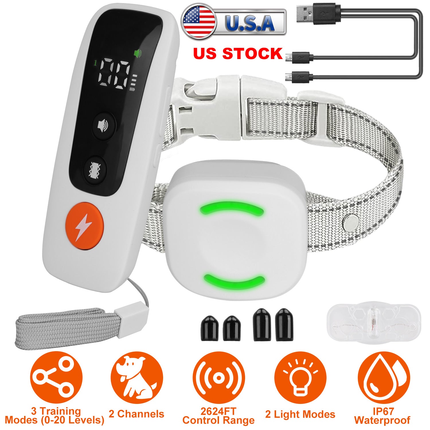Electric Remote Training Collar IP67 Waterproof Rechargeable Dog Training System with Light Beep Vibration Shock 2624FT Range Fit for All Dogs 10-150L