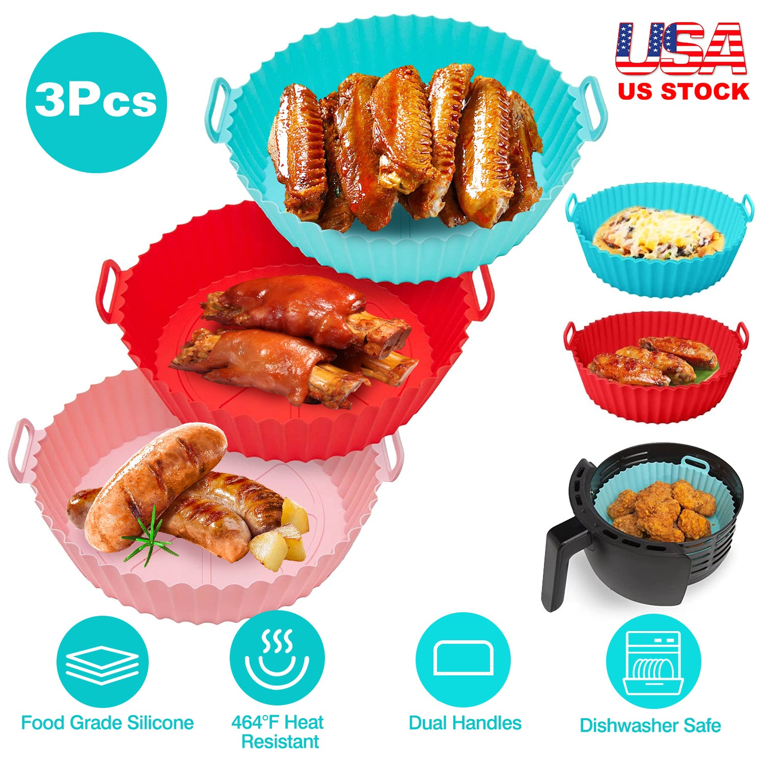 3Pcs Reusable Foldbale Air Fryer Silicone Pot 464°F Heat Resistant Round Replacement of Parchment Liners 3 Food Grade Baking Basket Pans for 4+Quart A