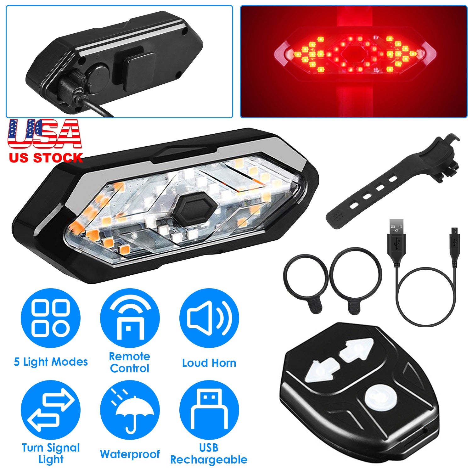 Smart Bike Tail Light USB Rechargeable LED Bicycle Rear Light Bike Safety Flashlight with 32 LEDs Turn Signal Light 120dB Horn