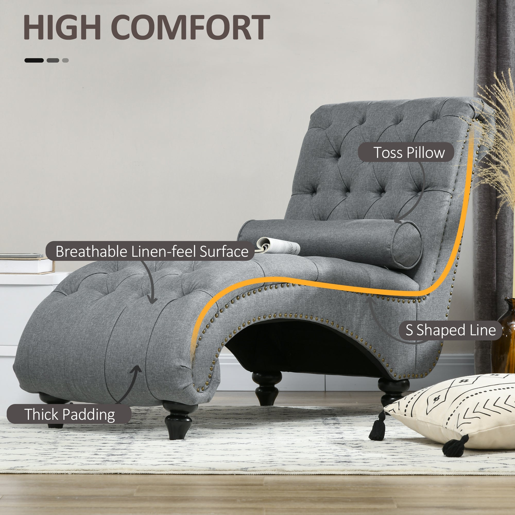 HOMCOM Button Tufted Chaise Lounge Chair Grey Indoor Upholstered with Bolster Pillow Wood Legs Nailhead Trim