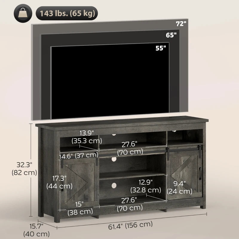 TV Stand with Power Outlets, Sliding Barn Doors and Adjustable Shelves for 72 Inch TVs, Dark Grey