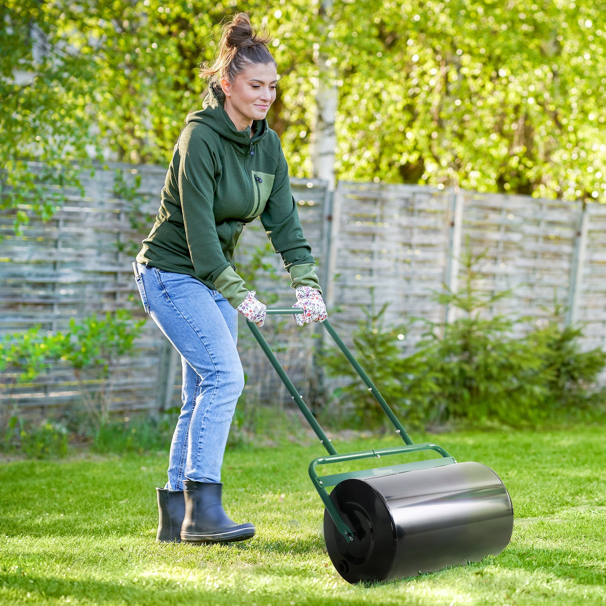 Outsunny Heavy Duty Lawn Roller, 20" Push/Tow Behind Sod Roller, Grass Flattener Filled with 10gal Water/136lbs Sand Green