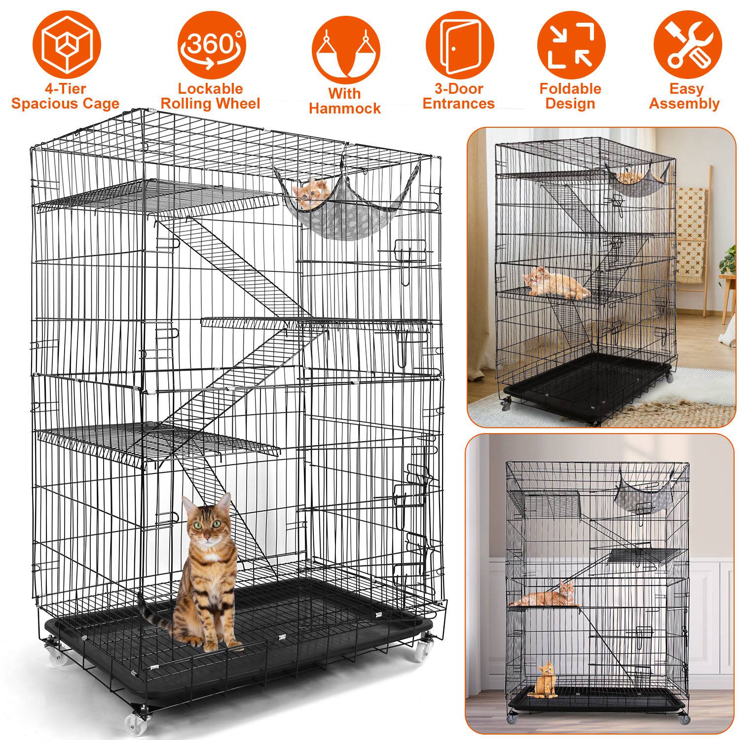 4 Tiers Cat Cage Rolling Metal Cat Playpen Enclosures Cat Kennel House Ferret Crate with 360° Lockable Wheels 3 Doors 3 Ladders Hammock