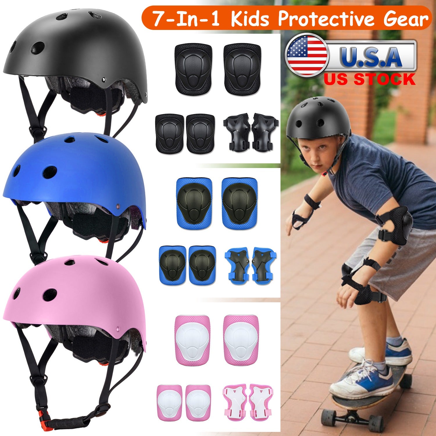7Pcs Kids Safety Helmet Set Children Sports Protective Gear Set w/ Knee Pads Elbow Pads Wrist Guards For Cycling Bike Skate