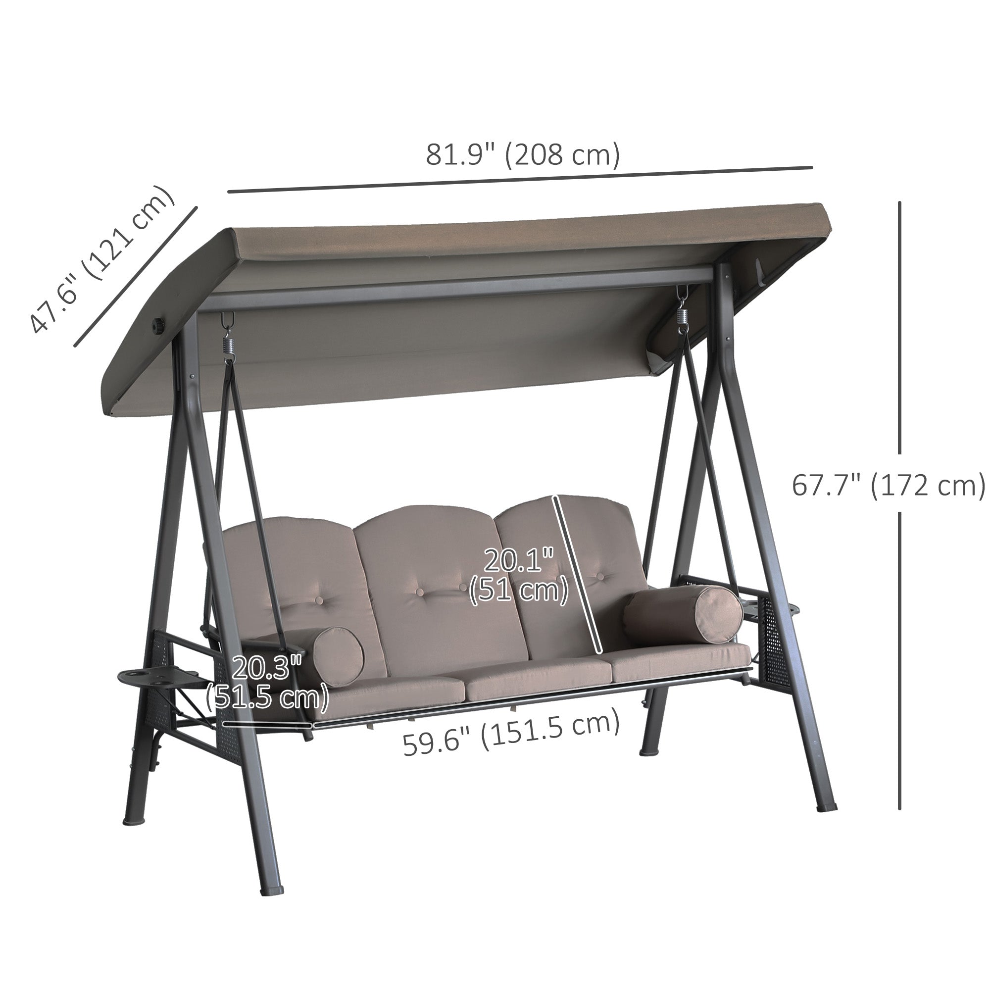 Outsunny 3-Person Porch Swing Chair Heavy Duty Outdoor Lounge Hammock with Cushioned Seat and Tilt Canopy Brown