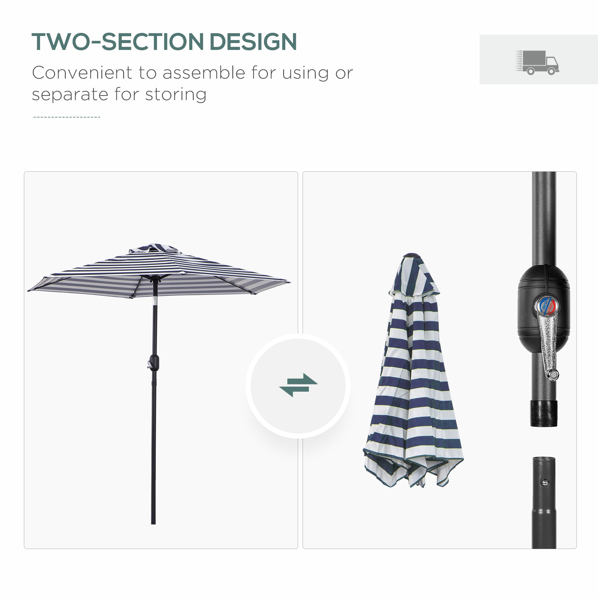 Outsunny Patio Sun Umbrella, Outdoor Parasol with 6 Ribs, Blue Stripes