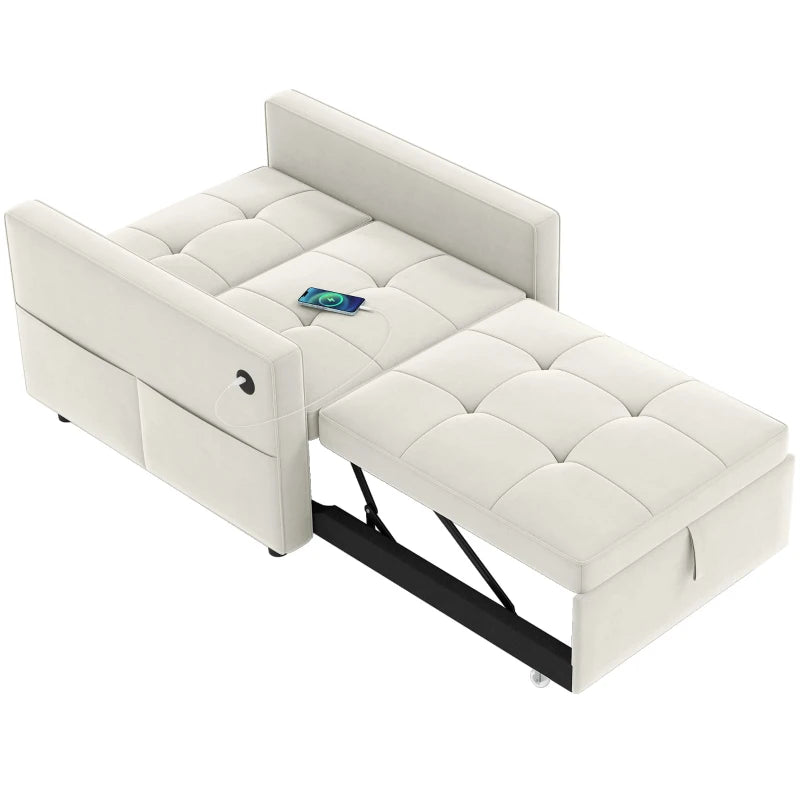Convertible Chair Bed, Pull Out Sleeper Chair with USB, Adjustable Backrest, Small Velvet Futon Sofa Bed, Cream White