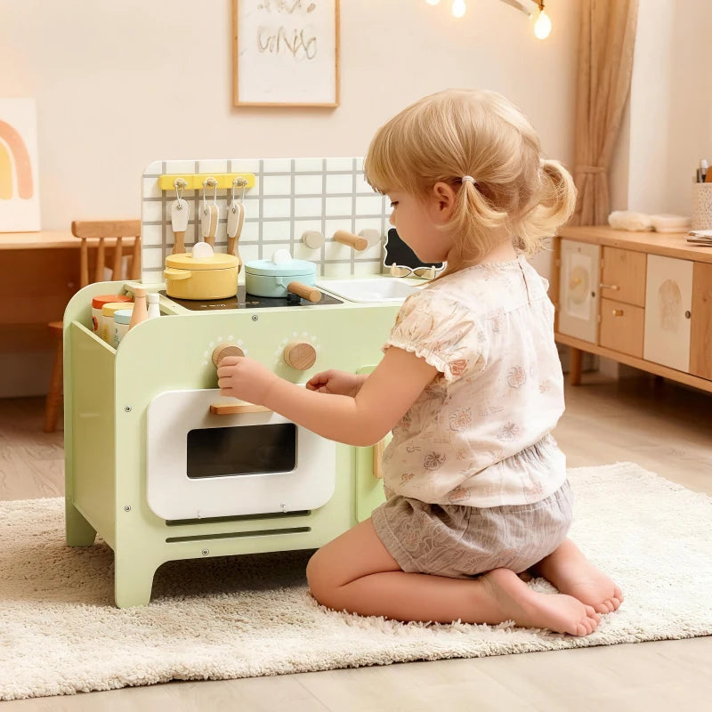 Qaba Kids Kitchen Playset with 15 Accessories, Microwave Oven, Cabinets, for Boys and Girls Ages 3+, Green