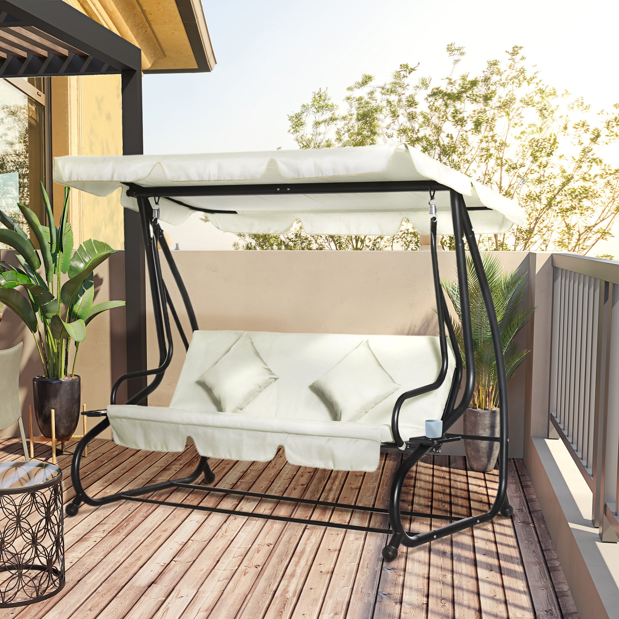 Outsunny 3 Seater Patio Swing Chair Convertible Cushioned Bed Outdoor Porch Backyard with Canopy and Pillow Cream White