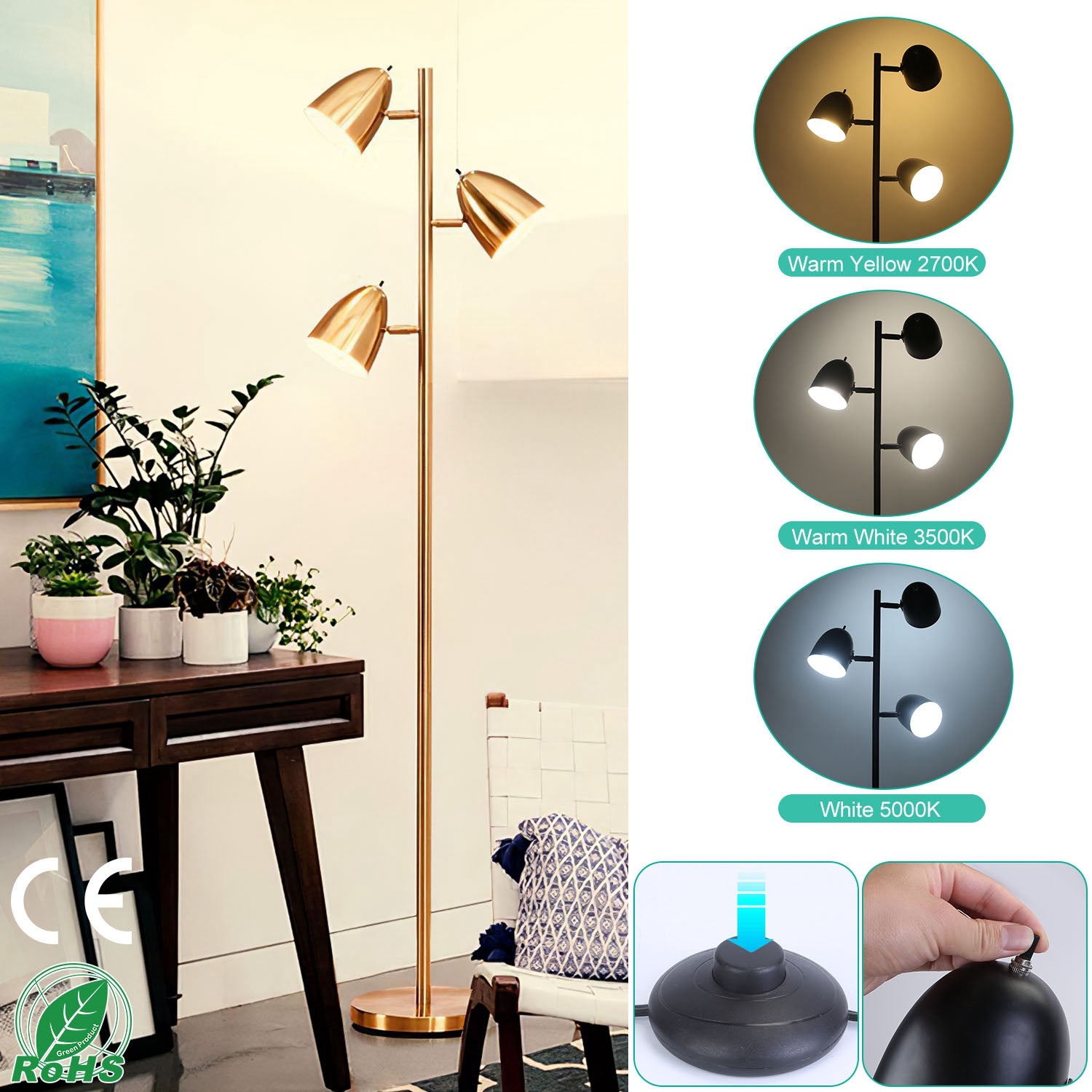 Black Tree Standing Floor Lamp Metal 3 Color Temperature Reading LED Bulb Light 360 Degree Adjustable Individual Separate Switch Living Room Bedroom O