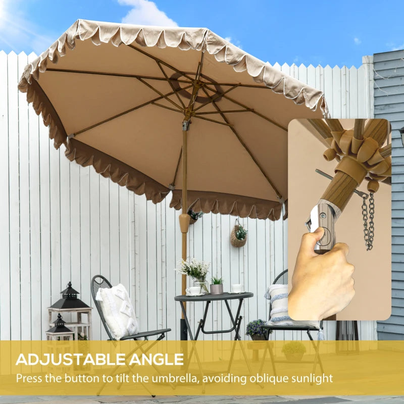9 ft Patio Umbrella with Push Button Tilt and Crank, Double-ruffled Outdoor Market Table Umbrella Parasoll, Khaki
