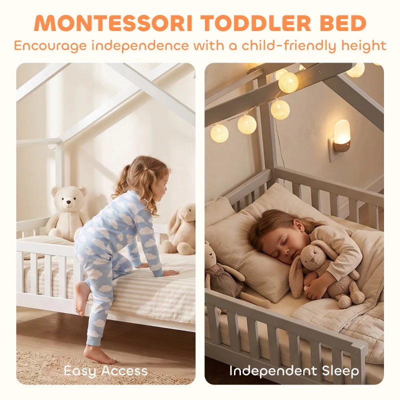 Twin House Bed Frame with Roof, Solid Wood Montessori-Style Kids Bed with Guardrails – White