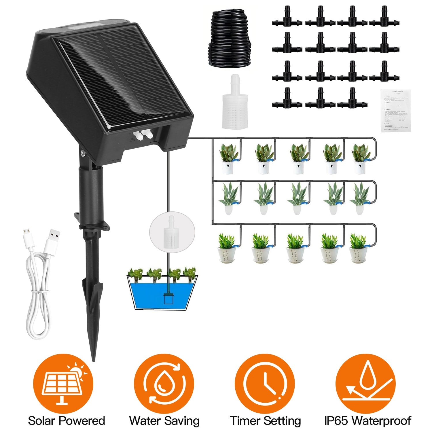 Automatic Solar Powered Drip Irrigation System Kit Rechargeable Plant Programmable Watering Timer Device Up to 15 Plants For Indoor Outdoor Patio Gard