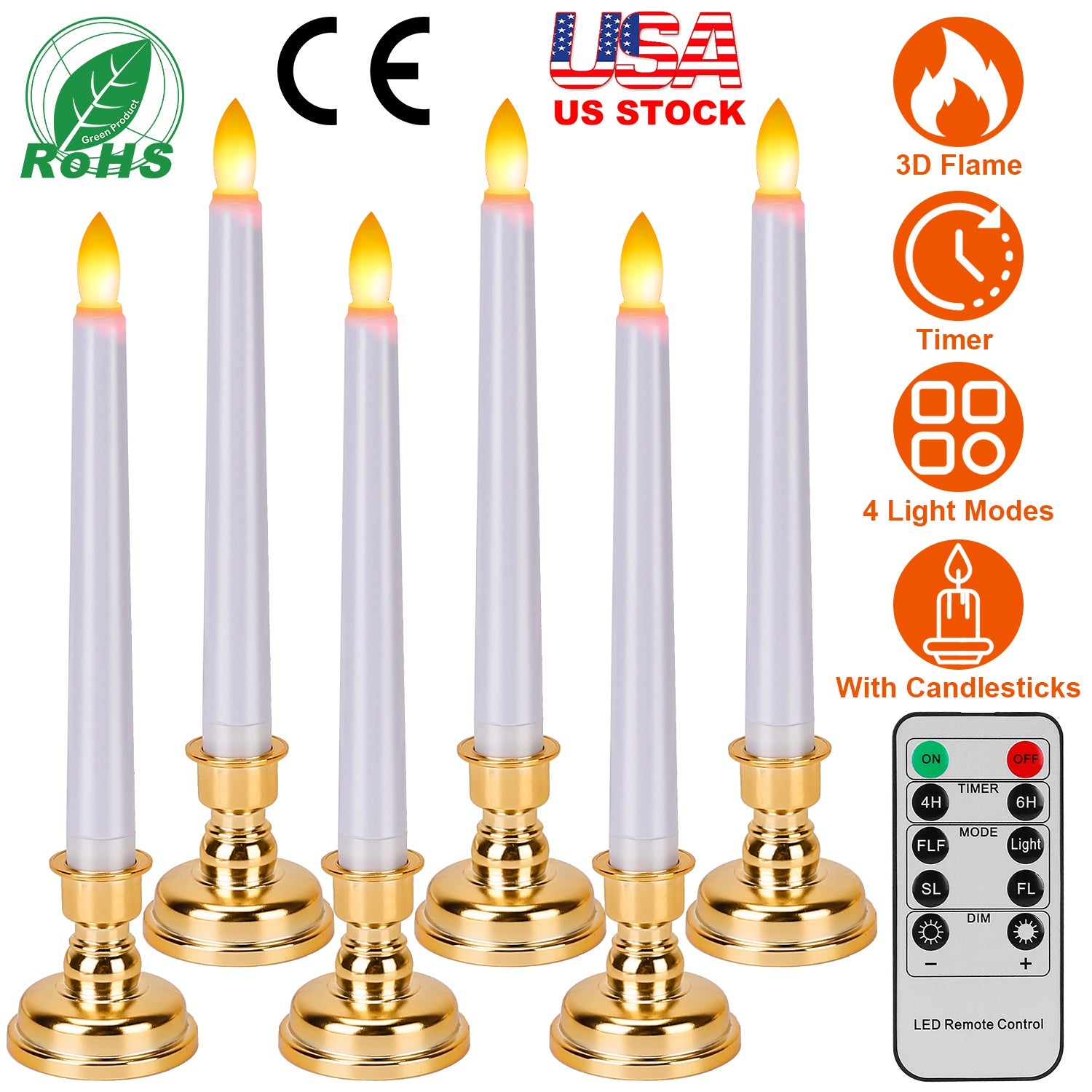 6 Packs Flameless Taper Candles 9.8in Electric LED Candles Warm White w/ 4 Light Modes Remote Control Timer Removable Candlesticks
