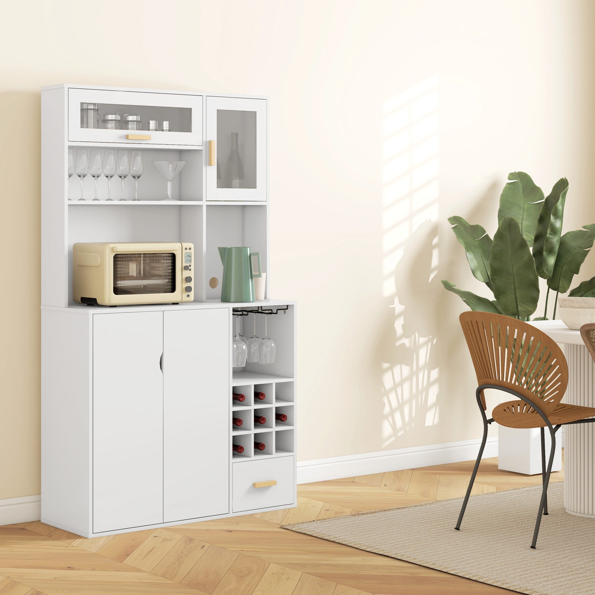 HOMCOM Coffee Bar Cabinet Kitchen Hutch Wine Storage Microwave Countertop Drawer Tempered Glass Doors White Stylish Versatile Furniture