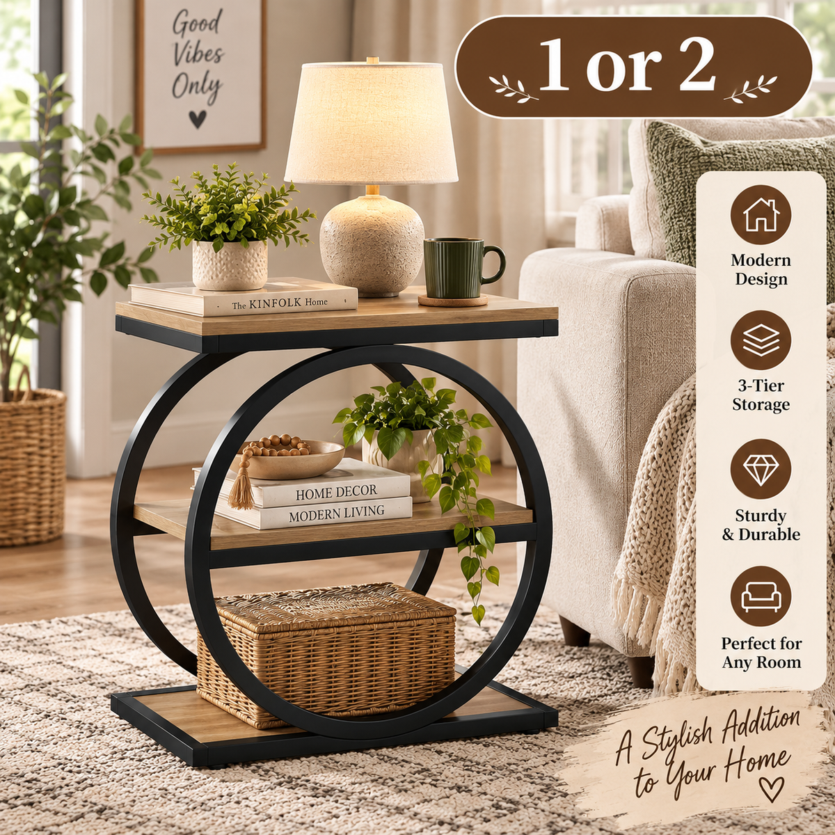 End Table 3-Tier Industrial Sofa Side Table with Round Metal Frame Storage Shelves for Living Room Bedroom Rustic Oak Finish