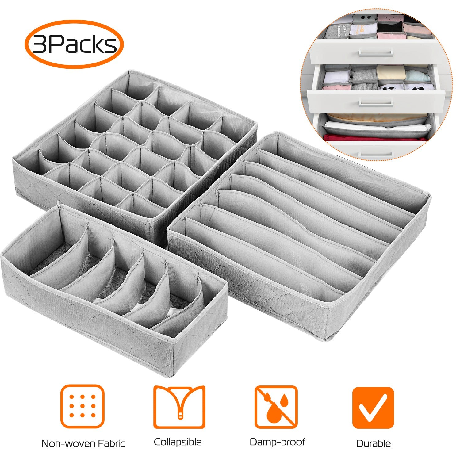 3 Pack Sock Organizer Box Foldable Damp Proof Storage Drawers Multi-cells Underwear Tie Container for Wardrobe Closet Cabinet