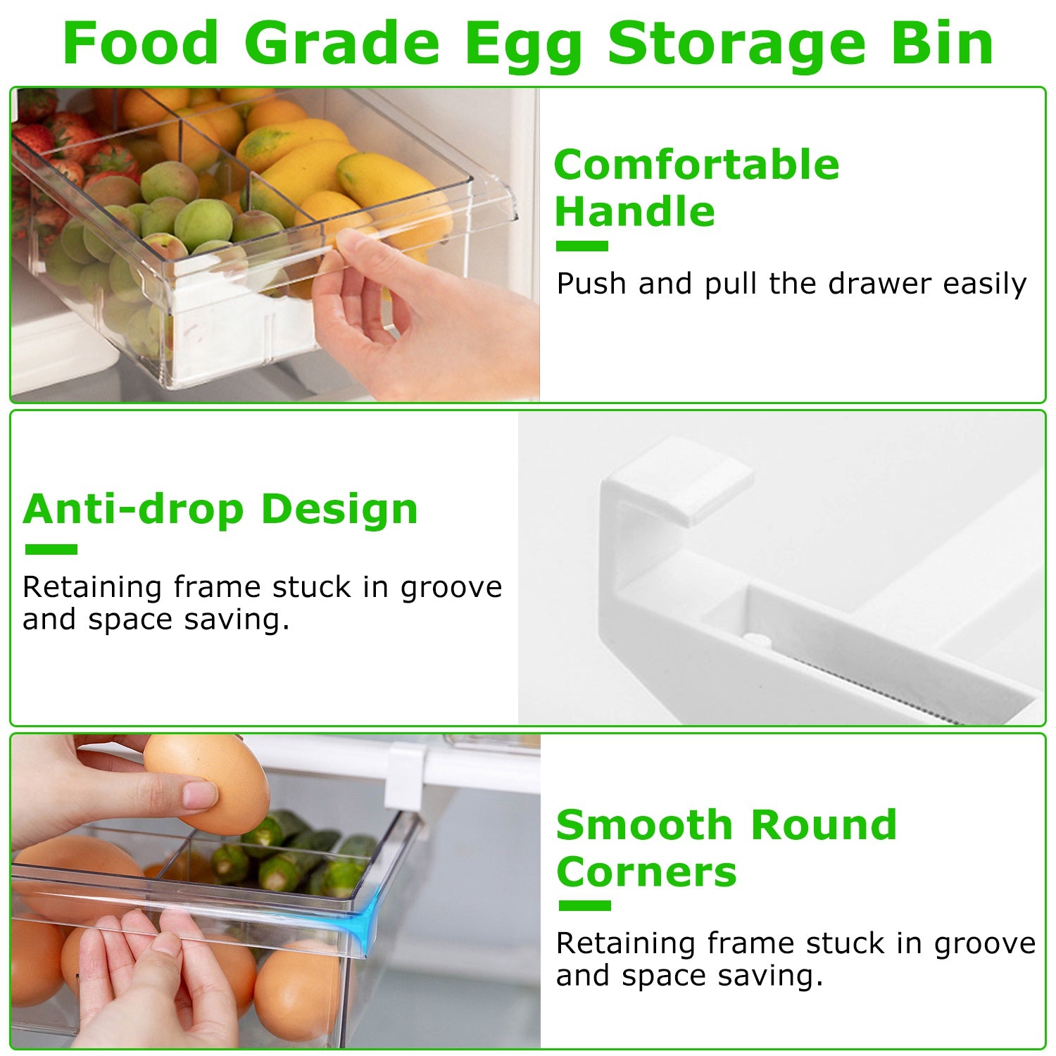 2Pcs Refrigerator Egg Drawer 36 Egg Capacity Snap On Hanging Storage Tray Space Saving Pull Out Egg Container Organizer