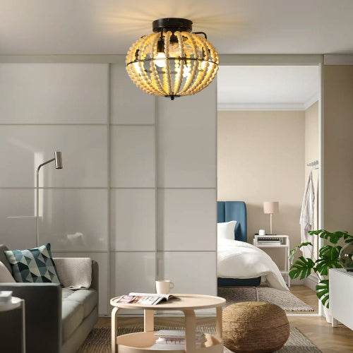 Beaded Fan Lamp Wooden Beaded Chandelier Oak White