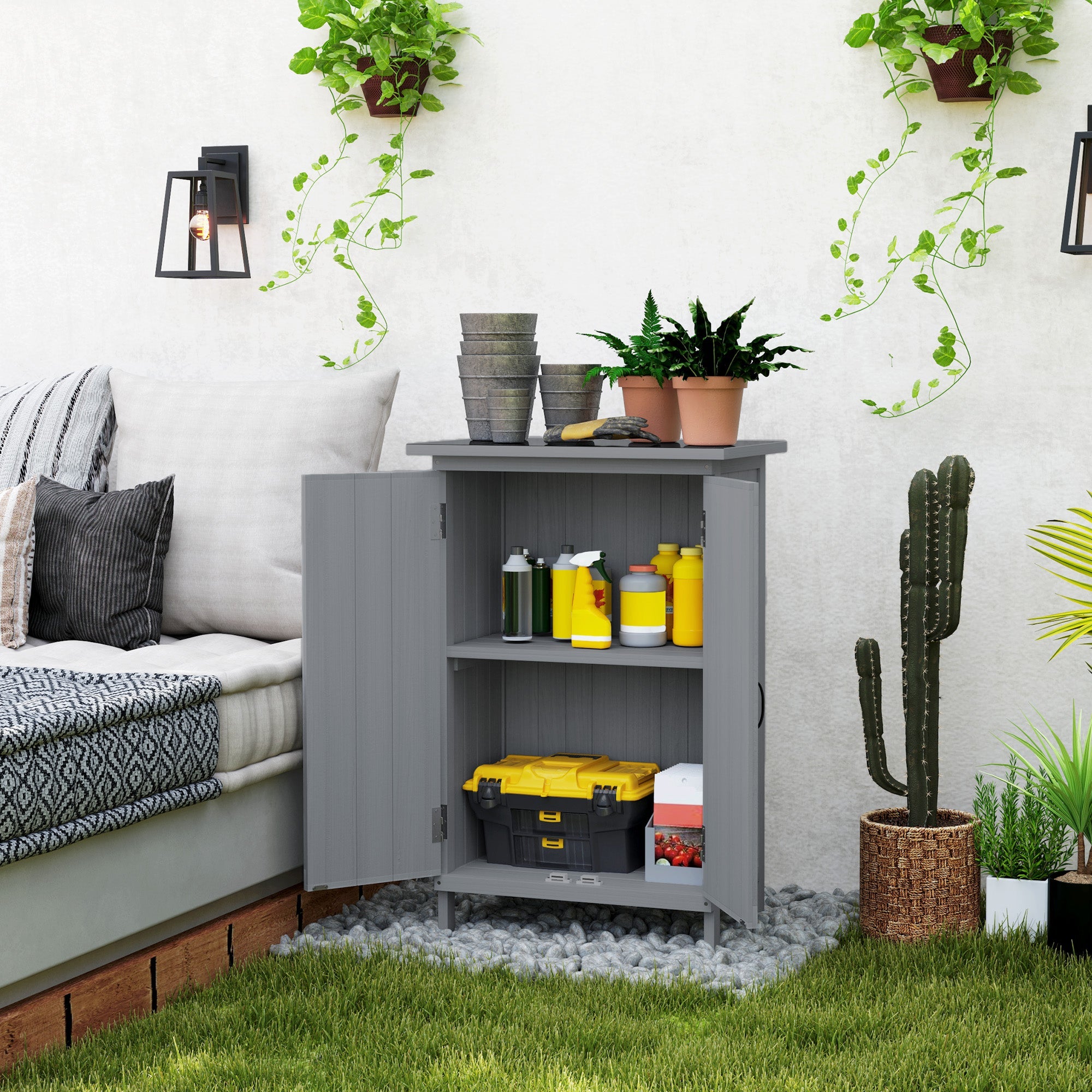 Outsunny Outdoor Storage Cabinet, Wooden Garden Storage Shed with 2-Tier Shelves, Metal Tabletop and Magnetic Doors, Grey