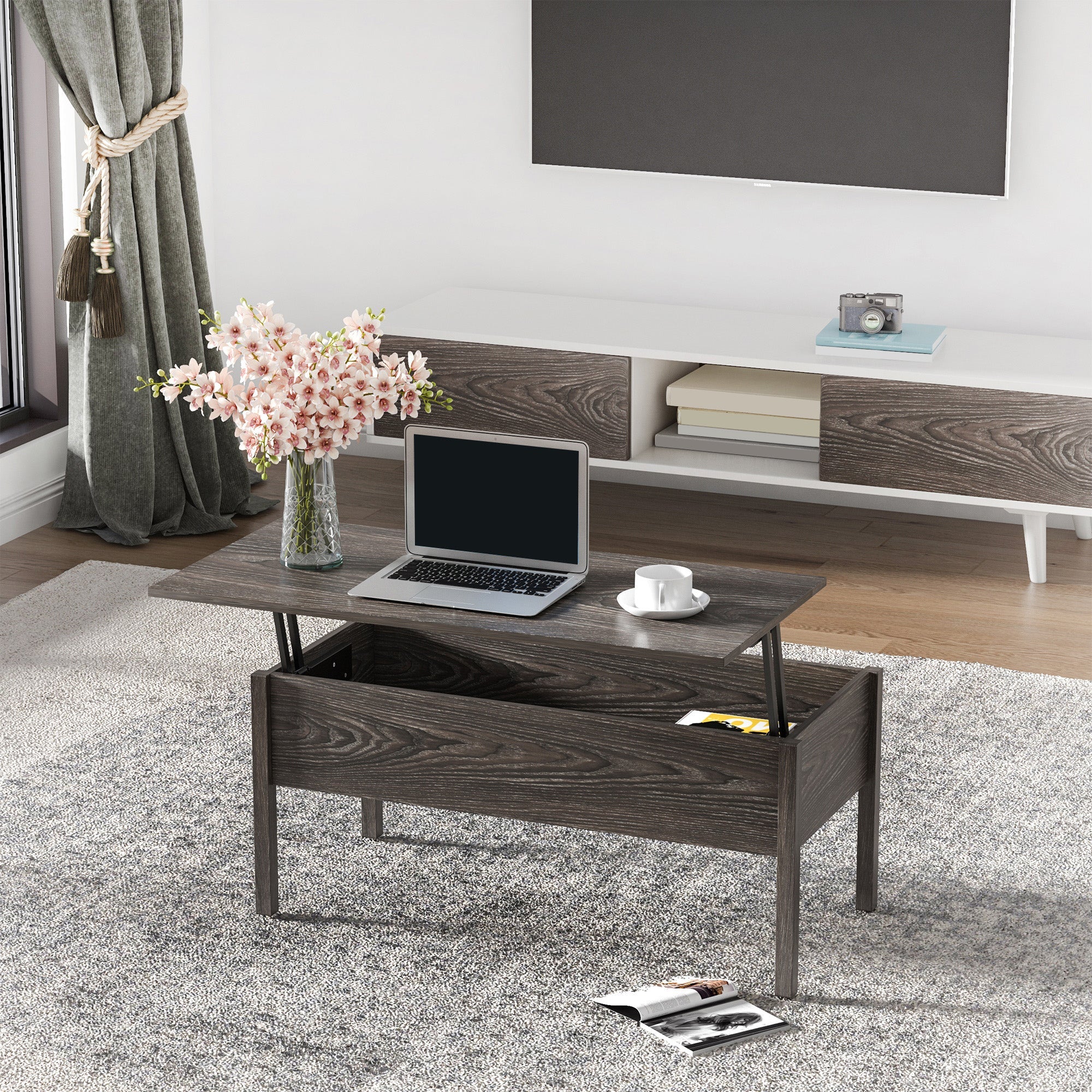 HOMCOM Grey 39" Modern Lift Top Coffee Table: Center Table with Hidden Storage Compartment for Living Room