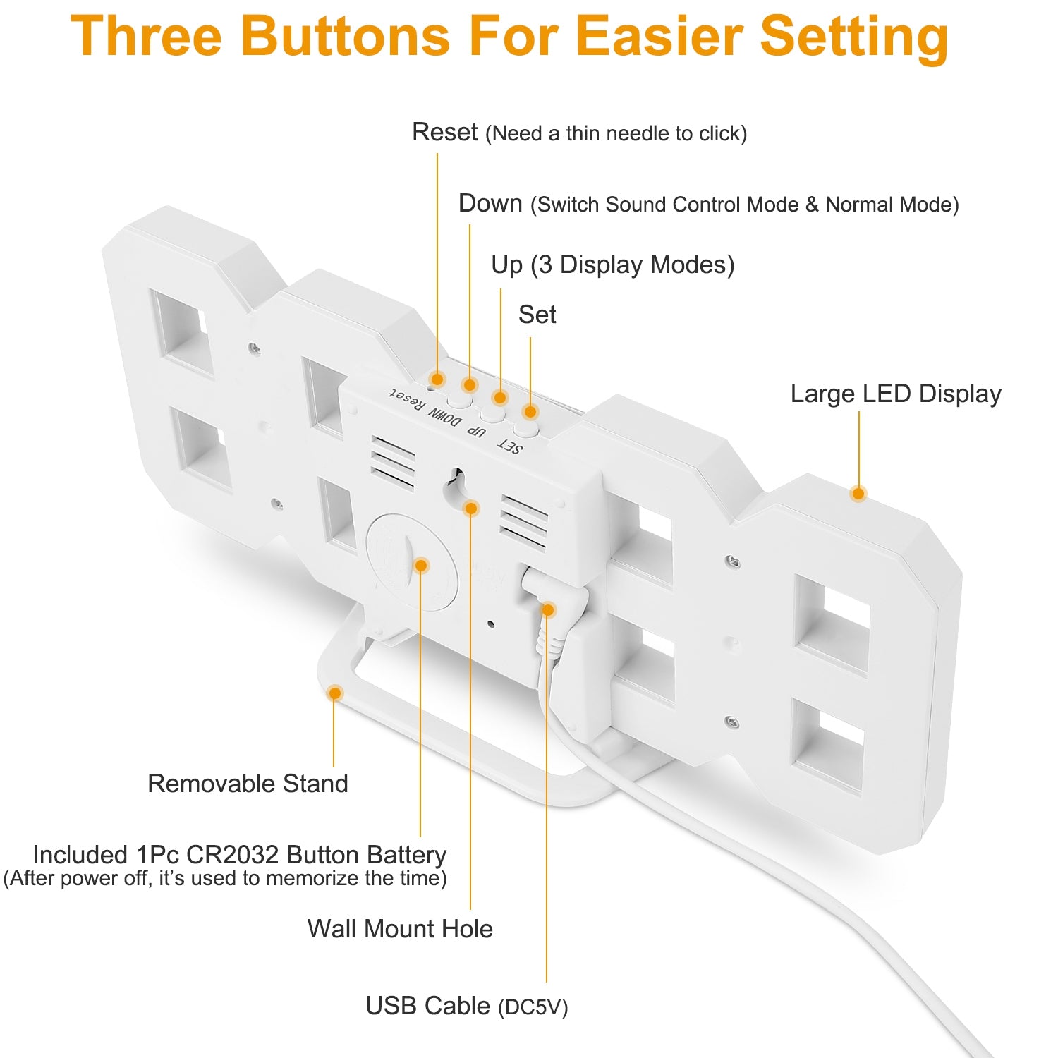 3D LED Digital Wall Clock Sound Control Table Desk Alarm Clock w/ 3 Auto Adjustable Brightness Snooze Date Temperature 12/24Hr Time Display For Office