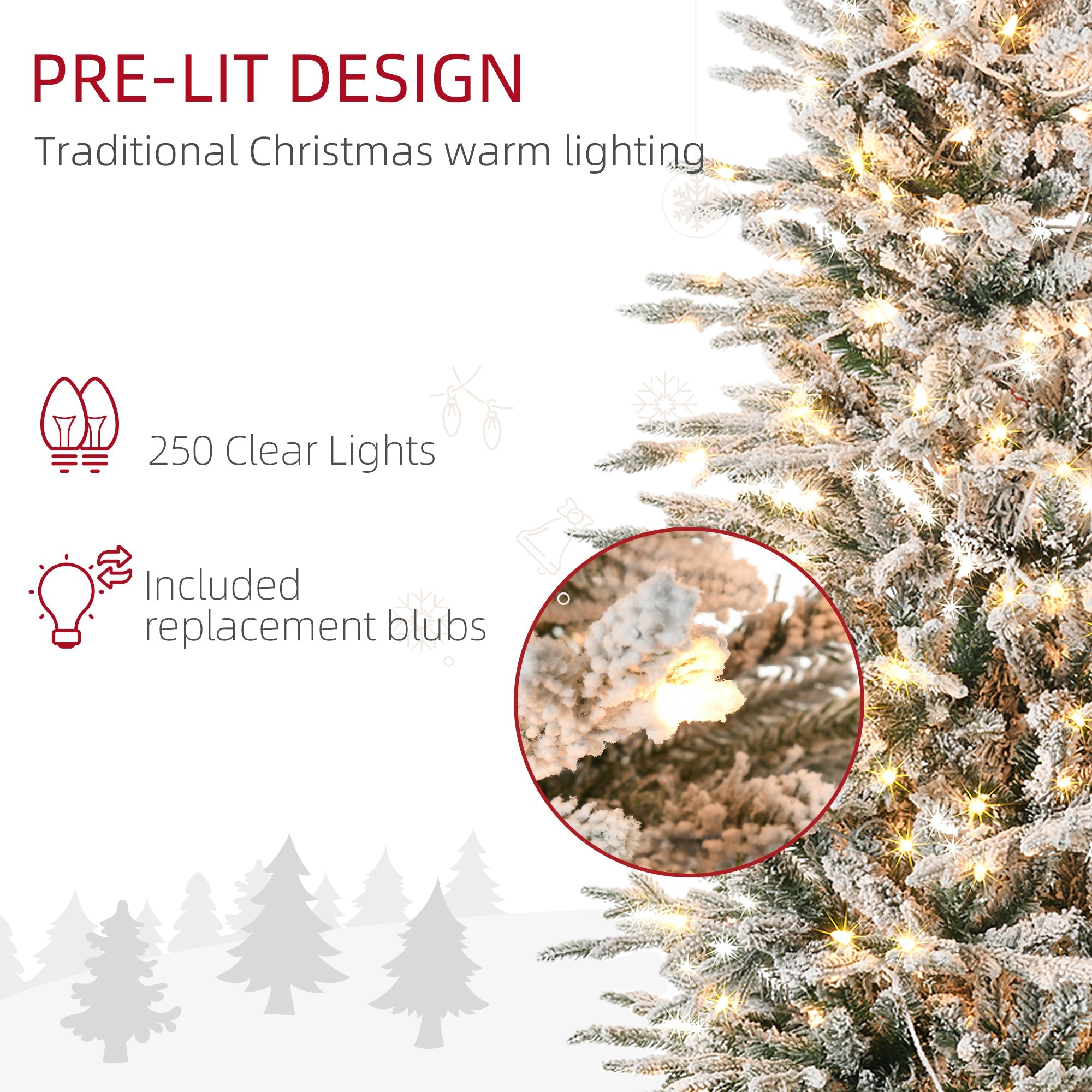 HOMCOM 6' Pre Lit Artificial Flocked Christmas Trees, with Snow Branches, Warm Yellow Clear Lights, Auto Open, Extra Bulb