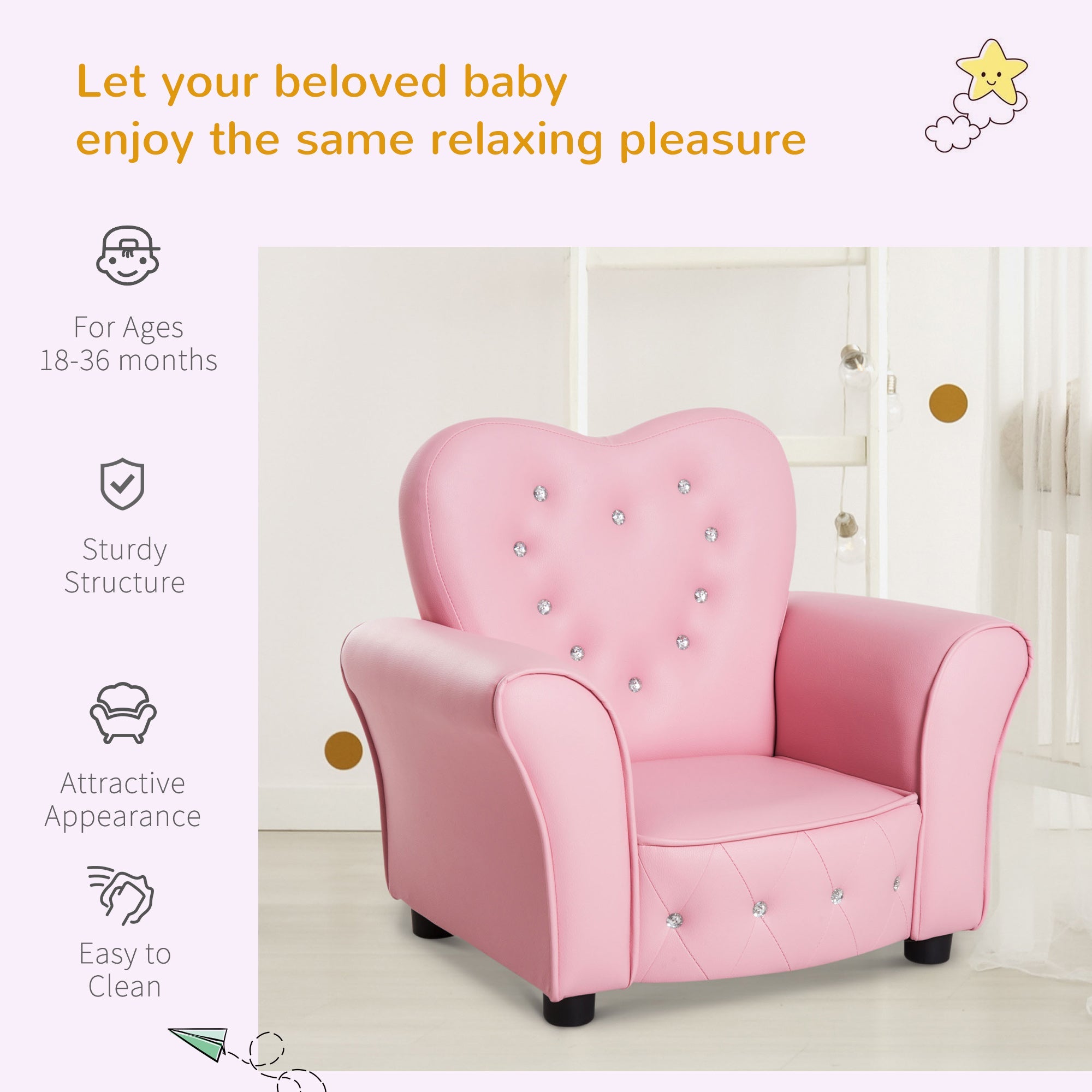 Qaba Kids Mini Princess Sofa Chair Toddler Children Upholstered Tufted Armchair Activity Couch Reclining Seat Boys Girls Furniture Pink