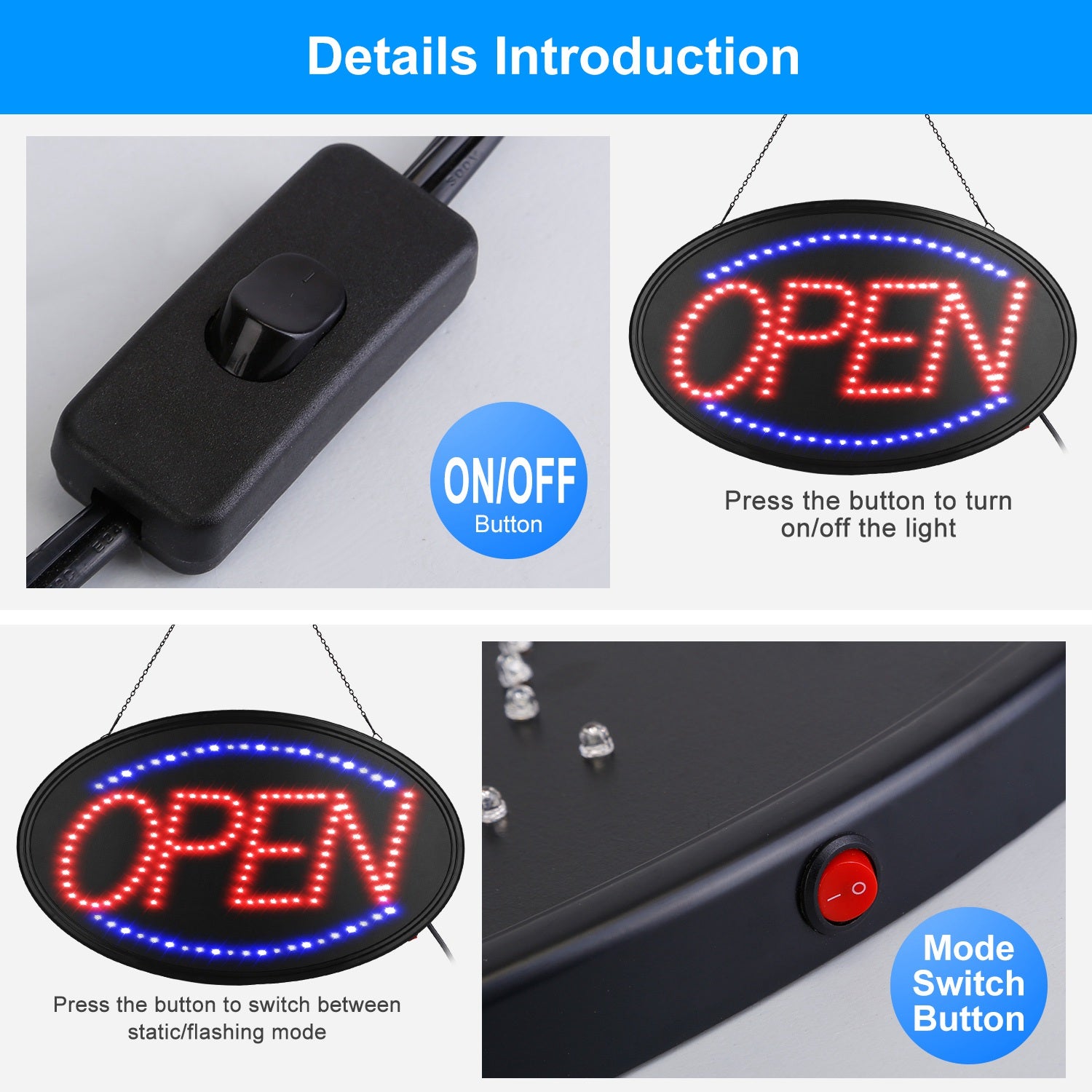 LED Open Sign 22.64x13.78In Business Neon Open Sign Advertisement Board with Steady Flashing Modes Business Hours and Open Closed Sign