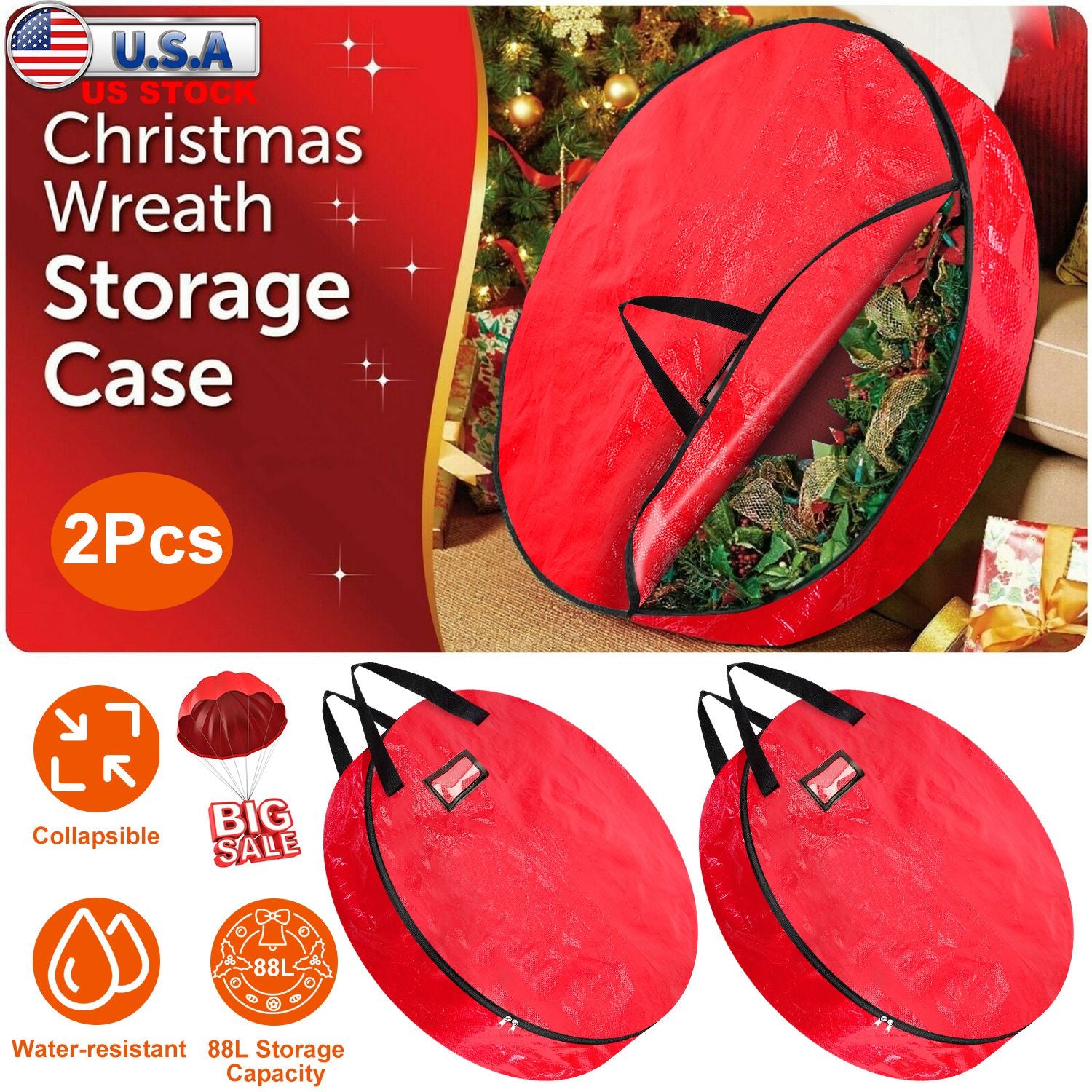 2Pcs ?30in Christmas Wreath Storage Bag 88L Water-resistant Foldable Wreath Container Bag w/ Handles Card Slot
