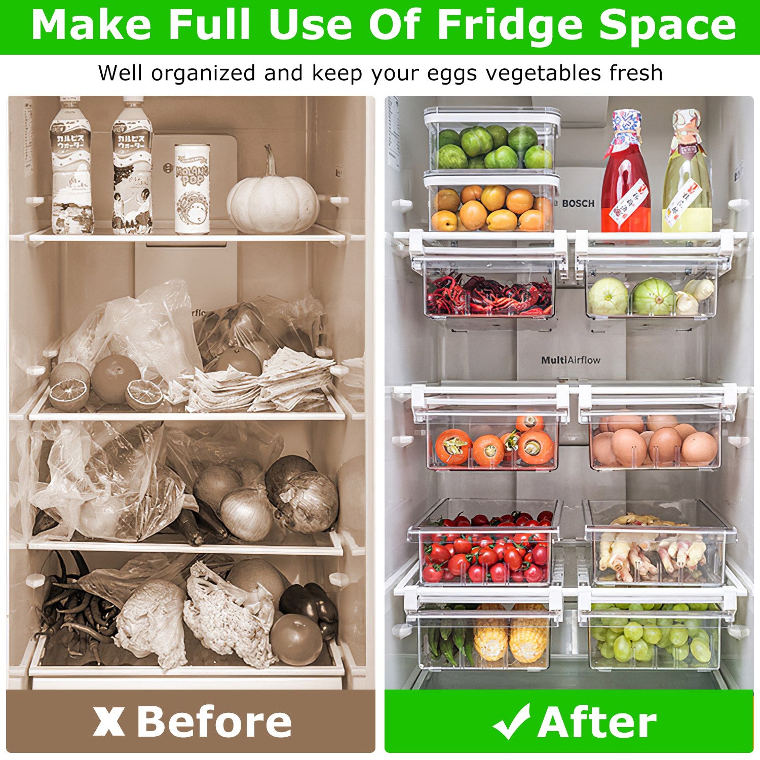 2Pcs Refrigerator Egg Drawer 36 Egg Capacity Snap On Hanging Storage Tray Space Saving Pull Out Egg Container Organizer