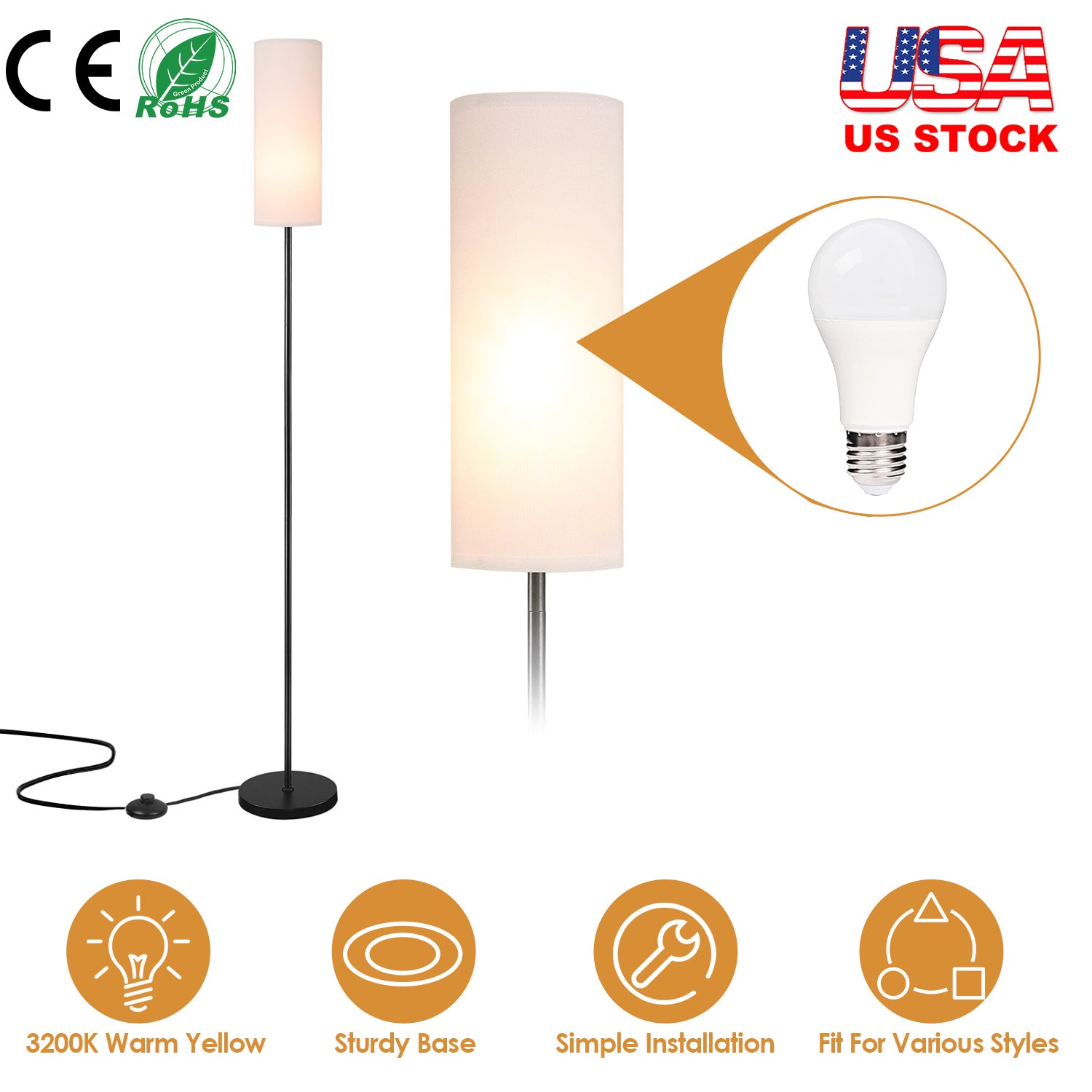 74.8in Tall Floor Lamp with Shade 3200K Warm Yellow Light Modern Standing Lamp Decorative Lamp with Foot Switch 6W Bulb for Bedroom Living Room