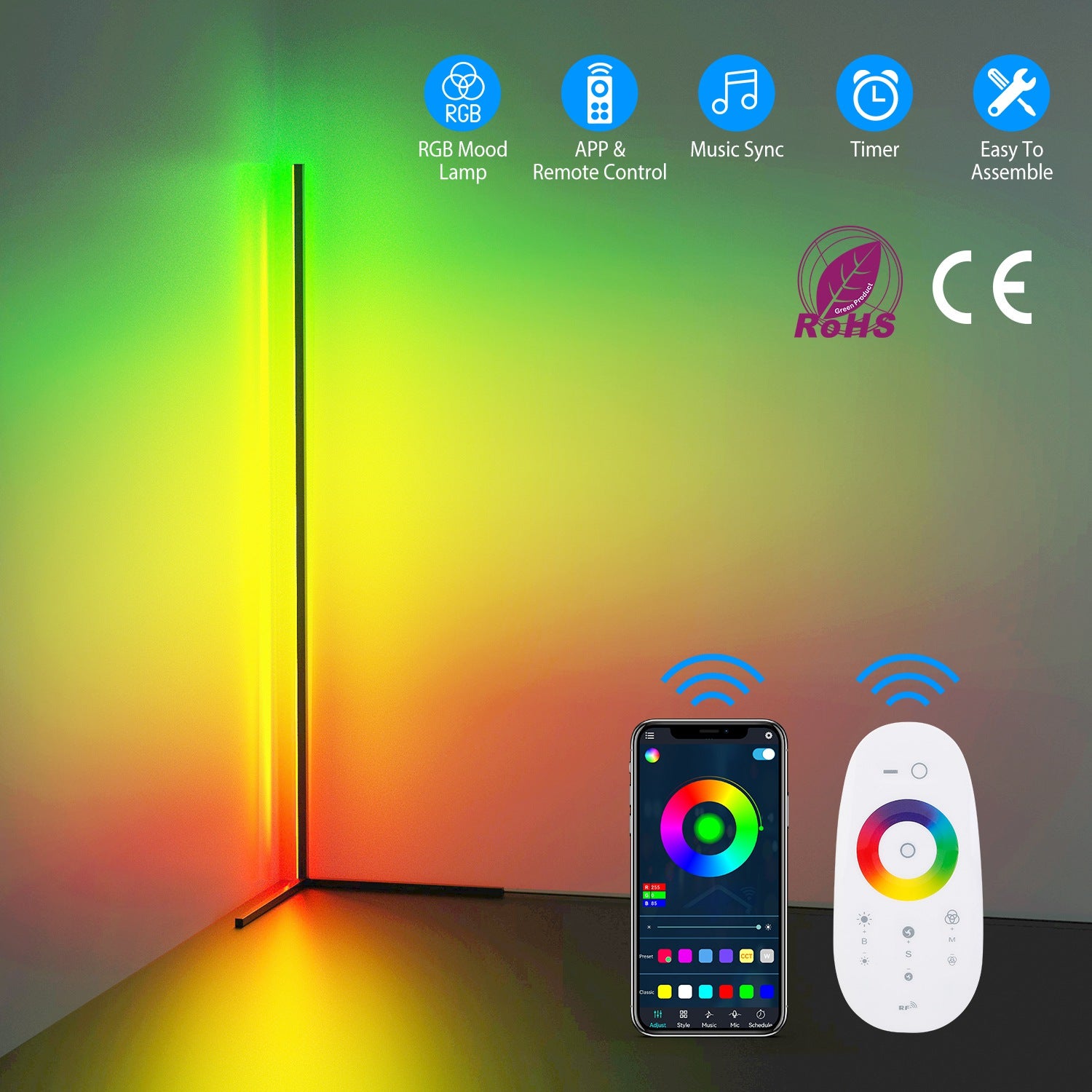 56in Floor Lamp Light LED Standing Lamp Remote Control Dimmable Color Changing Mood Light