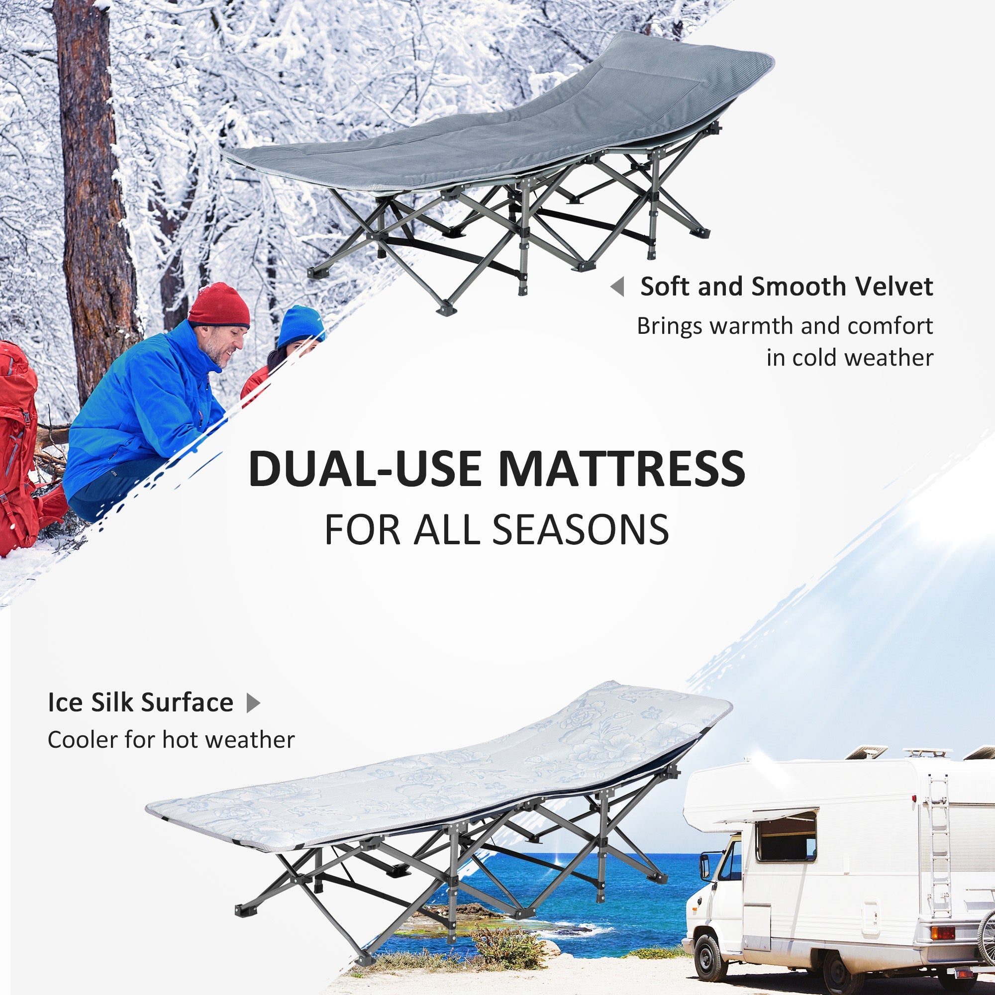 Outsunny Folding Camping Cot with Mattress Pillow Double Layer Oxford Heavy Duty Sleeping Cot Carry Bag Dark Grey