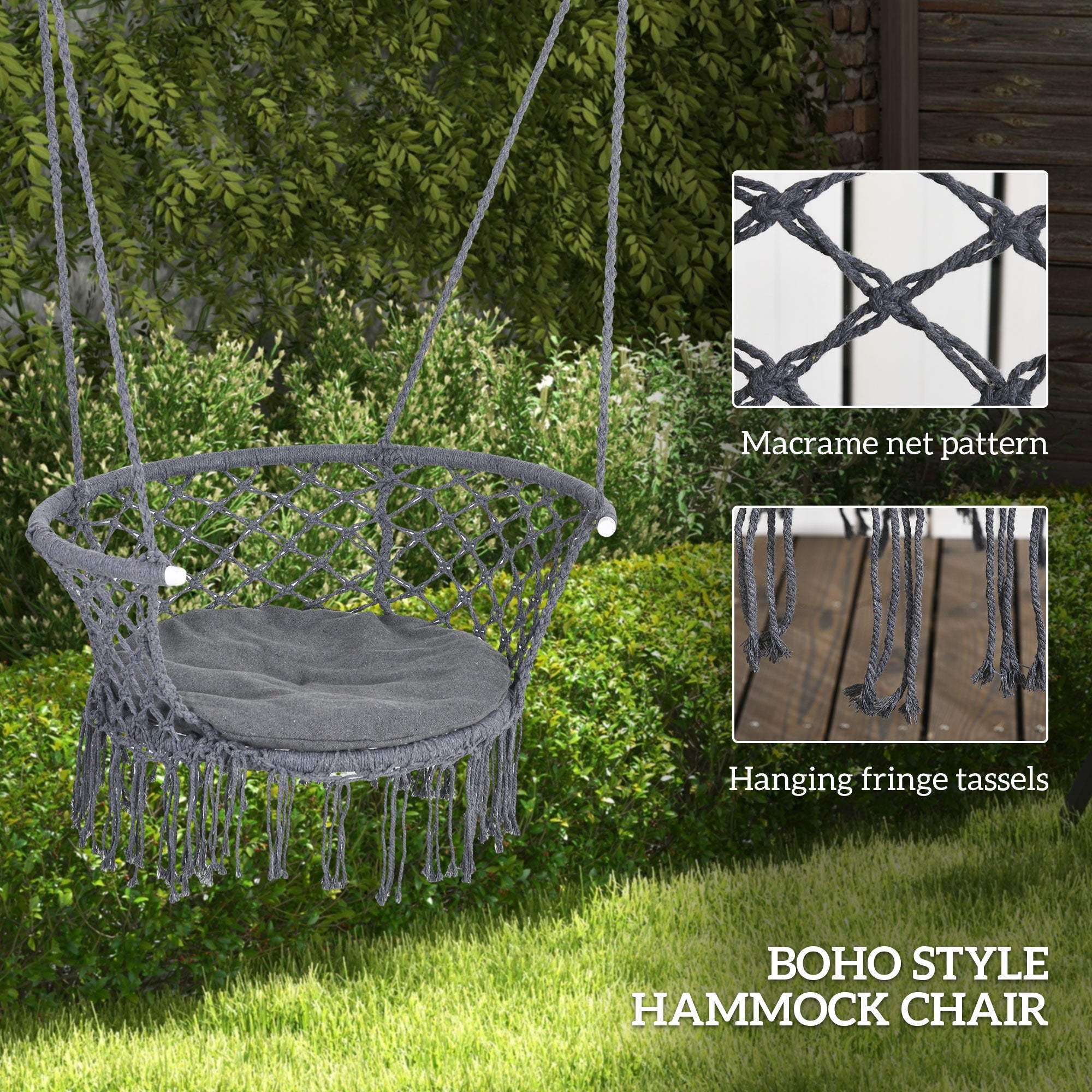 Outsunny Cotton Rope Hanging Hammock Chair Porch Swing with Metal Frame and Cushion Comfortable Dark Grey