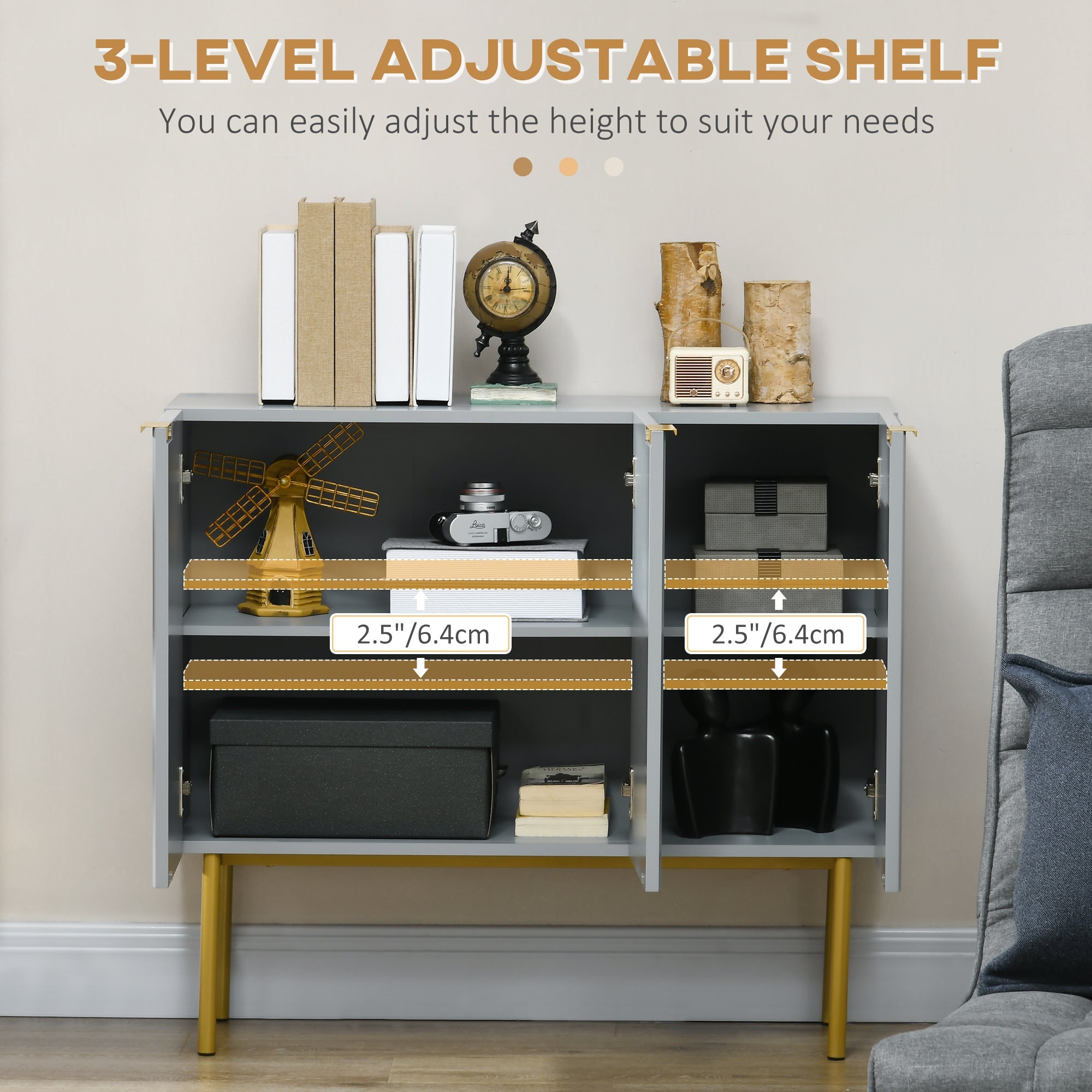 HOMCOM Sophisticated Sideboard: Grey Buffet Cabinet with Gold Legs for Dining Room, Living Room, Hallway Elegance