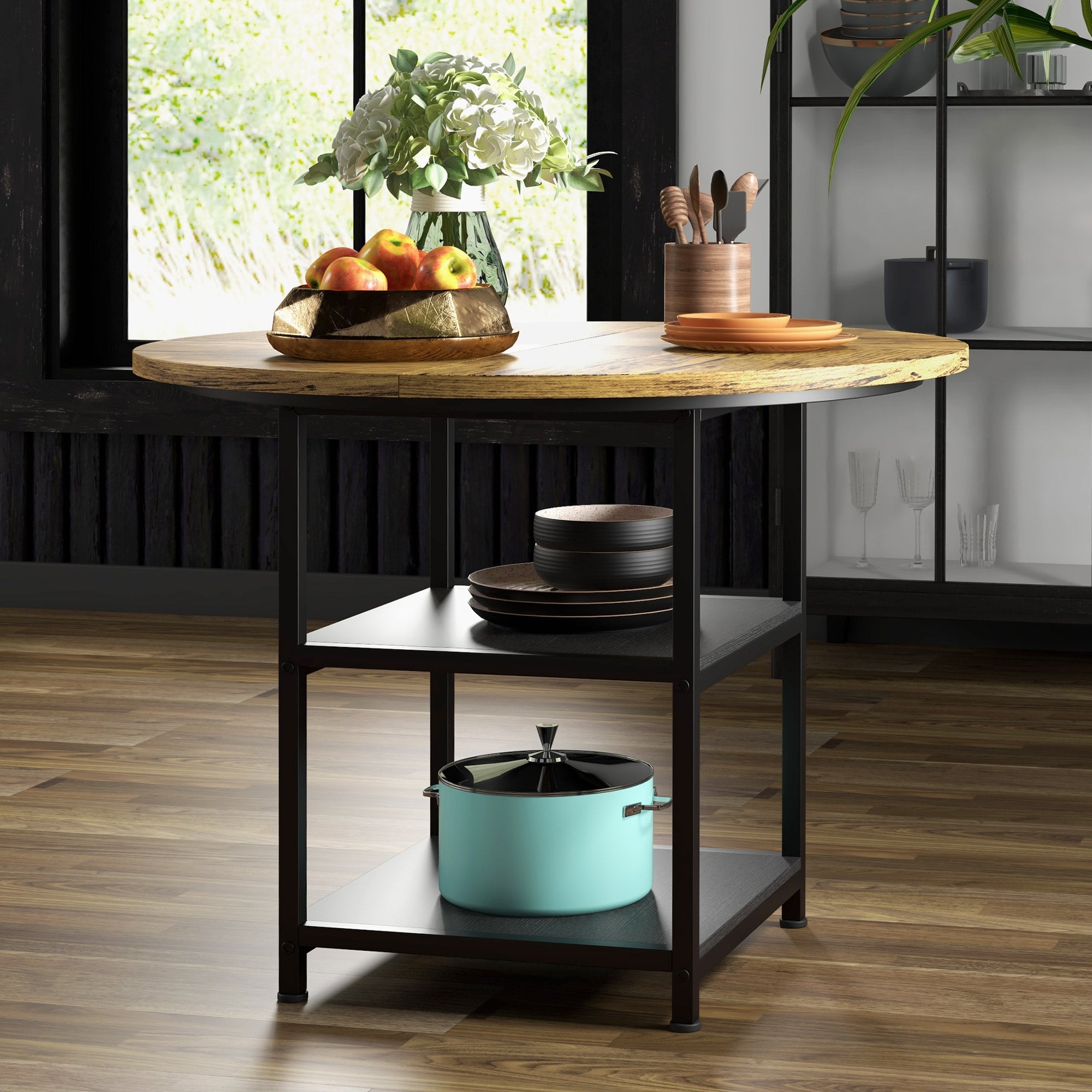 HOMCOM 39.4" Round Industrial Dining Table for 4-6 People with Storage Shelves Rustic Brown Kitchen Table